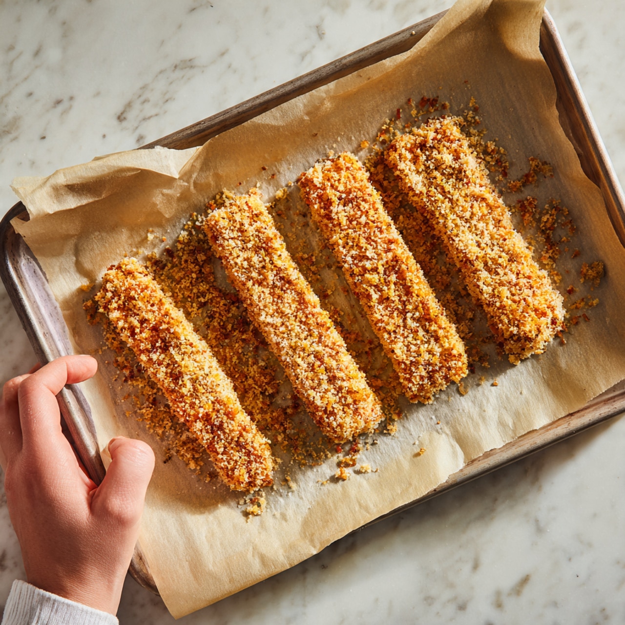 The image shows three long, golden-brown breaded strips placed on a baking tray lined with parchment paper. Each strip has a rough, crispy texture from the breading, evenly coating the surface. The tray is on a white marbled countertop, and a woman's hand is seen holding the edge of the tray from the upper left corner. The overall look gives a fresh, homemade feel. Photo taken with an iphone --ar 4:5 --v 7