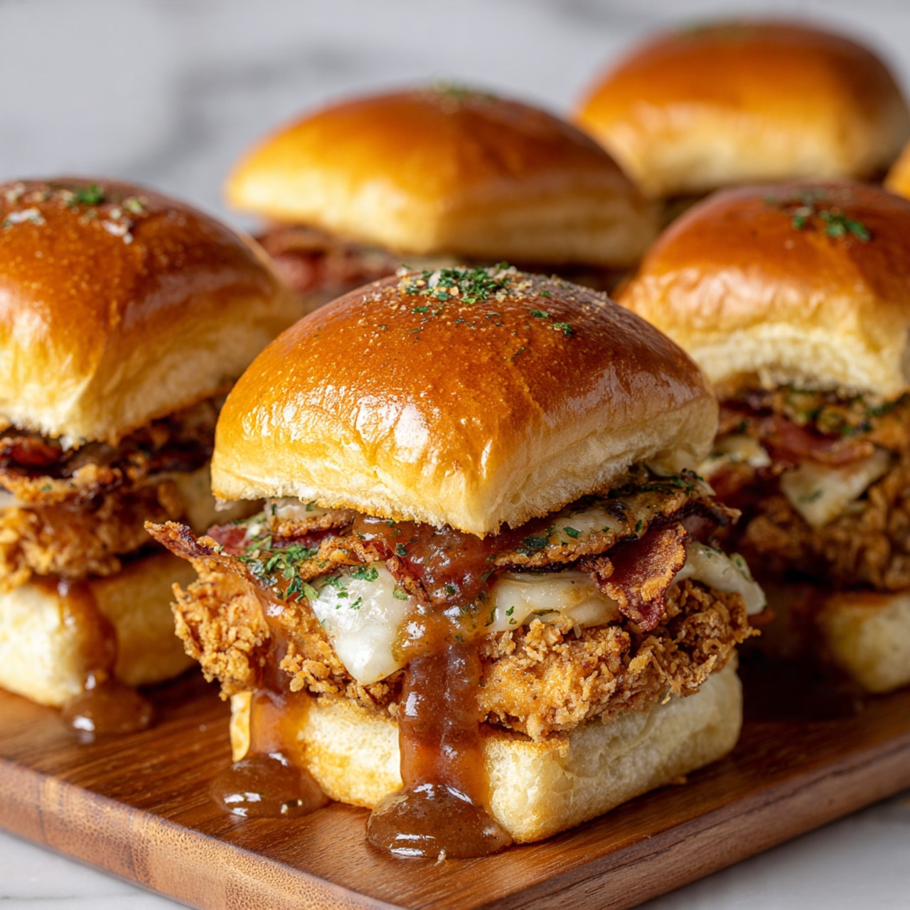 This image shows a close-up of several small sandwiches placed on a wooden board against a white marbled background. Each sandwich has three visible layers: the top layer is a shiny, golden-brown soft bun with a sprinkle of herbs or seasoning on top, the middle layer contains crispy bacon strips and melted white cheese covering a crispy fried chicken patty with a crunchy texture and golden color, and the bottom layer is a soft bun similar to the top. A thick, glossy, brown sauce drips slightly from the chicken, adding shine and moisture to the sandwich. Photo taken with an iphone --ar 4:5 --v 7