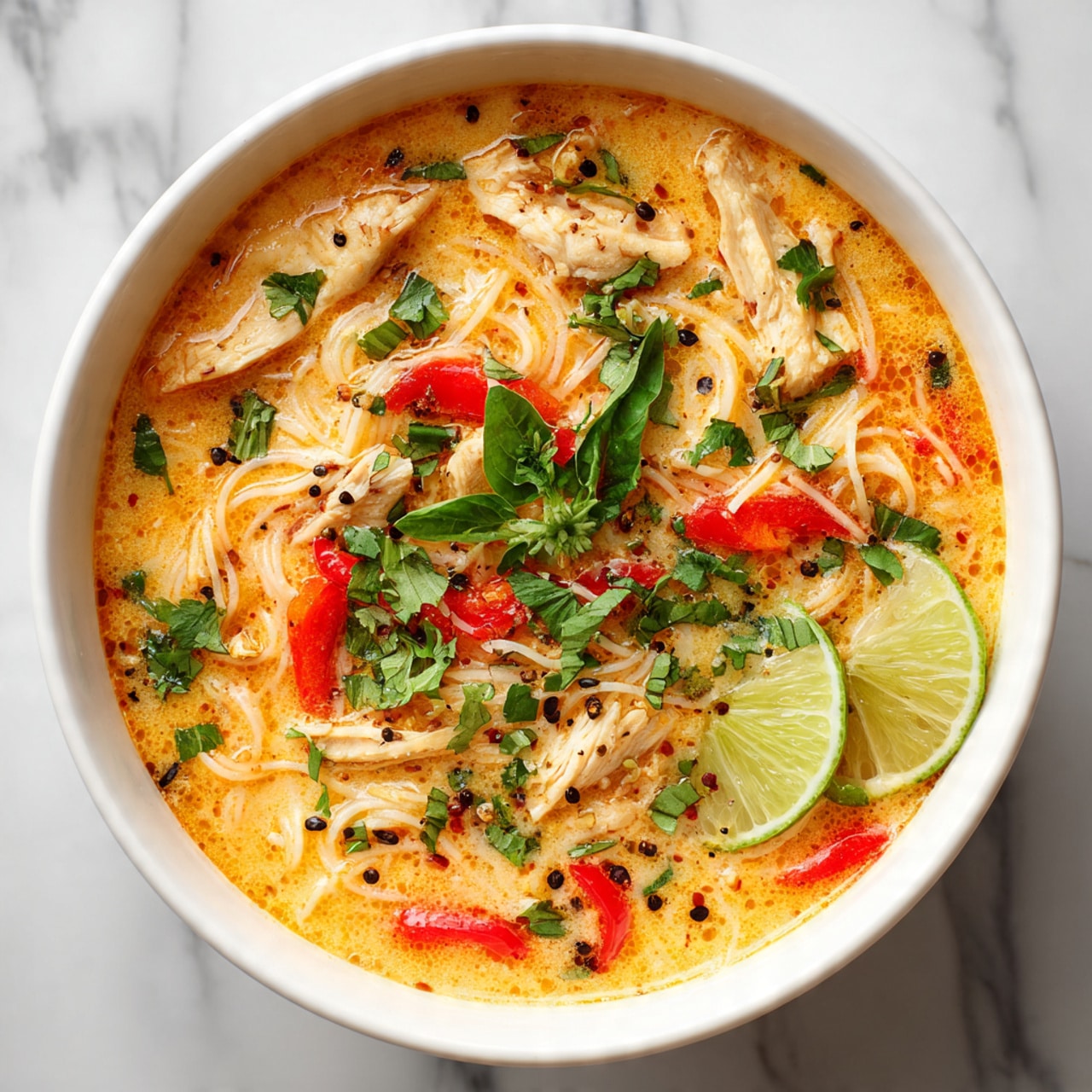 A white bowl filled with creamy orange soup holding several pieces of cooked chicken layered on top. Thin noodles and slices of red bell pepper are mixed throughout the soup. Green basil leaves and fresh cilantro are scattered on top, along with thin lime wedges placed near the edge of the bowl. The soup has small black seeds or spices sprinkled over it, adding texture. The bowl sits on a white marbled surface. photo taken with an iphone --ar 4:5 --v 7