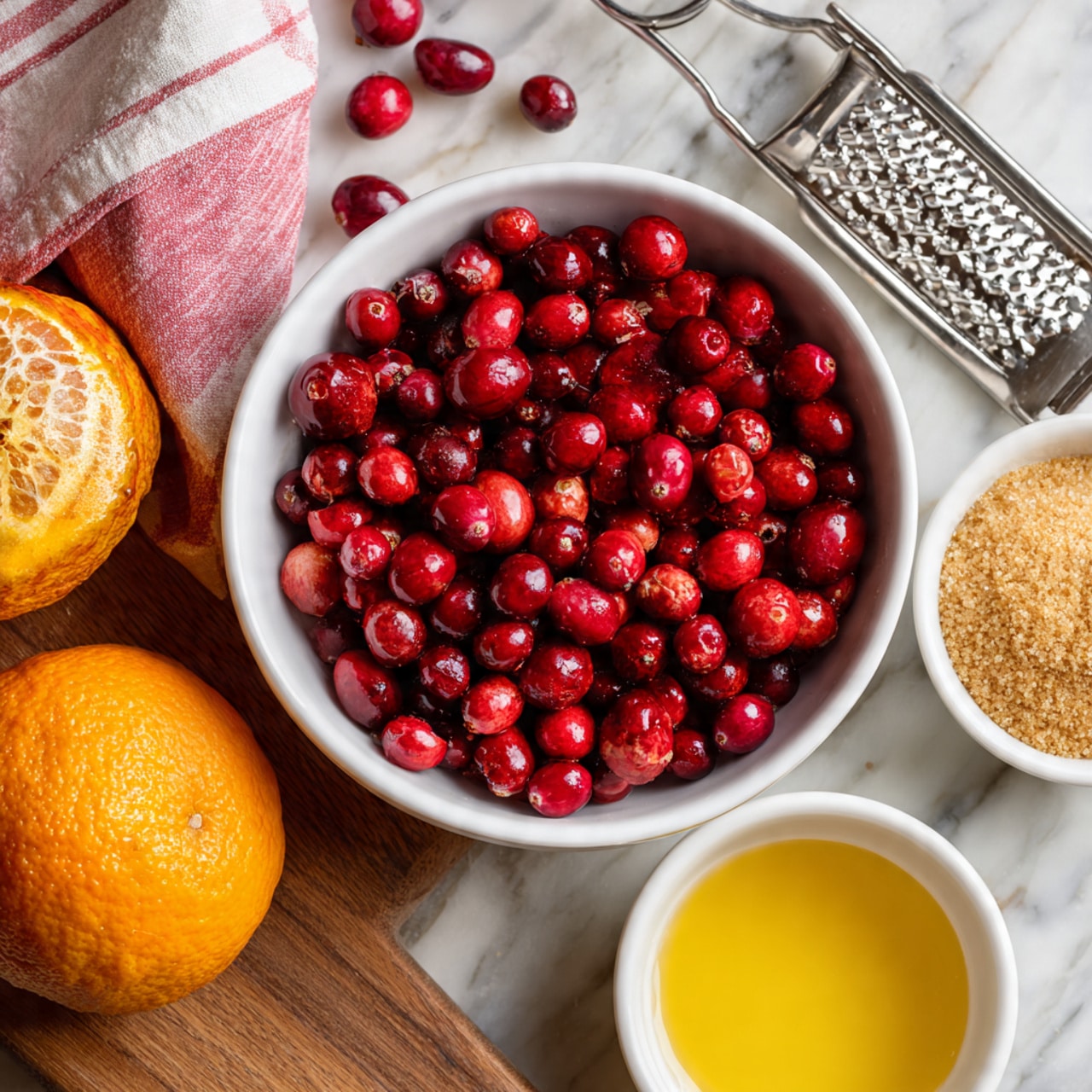 A photo shows a white bowl full of bright red cranberries in the center, surrounded by four other items on a wooden surface: on the left, a whole orange with a rough peel and a few loose cranberries scattered nearby, above the orange is a folded pink and white striped cloth with a metal grater resting on it; to the right of the cranberries is a metal scoop filled with light brown sugar, and below that is a small white bowl filled with golden yellow liquid, likely juice or oil, next to an empty small white bowl. The background is changed to a white marbled texture. Photo taken with an iphone --ar 4:5 --v 7