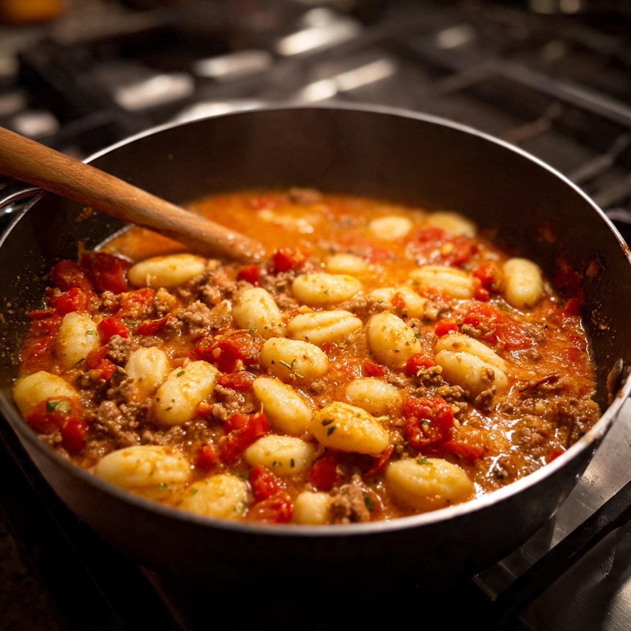 In the black pan, there is a bubbling mix of red tomato chunks, light brown cooked meat, and orange broth filling most of the space. On top, several pale white gnocchi pieces float, showing their soft, ridged texture. A wooden spoon with a long handle rests inside the pan, touching the simmering mix. The pan sits on a stove with a shiny silver surface showing below. The photo has warm, cozy lighting. photo taken with an iphone --ar 4:5 --v 7