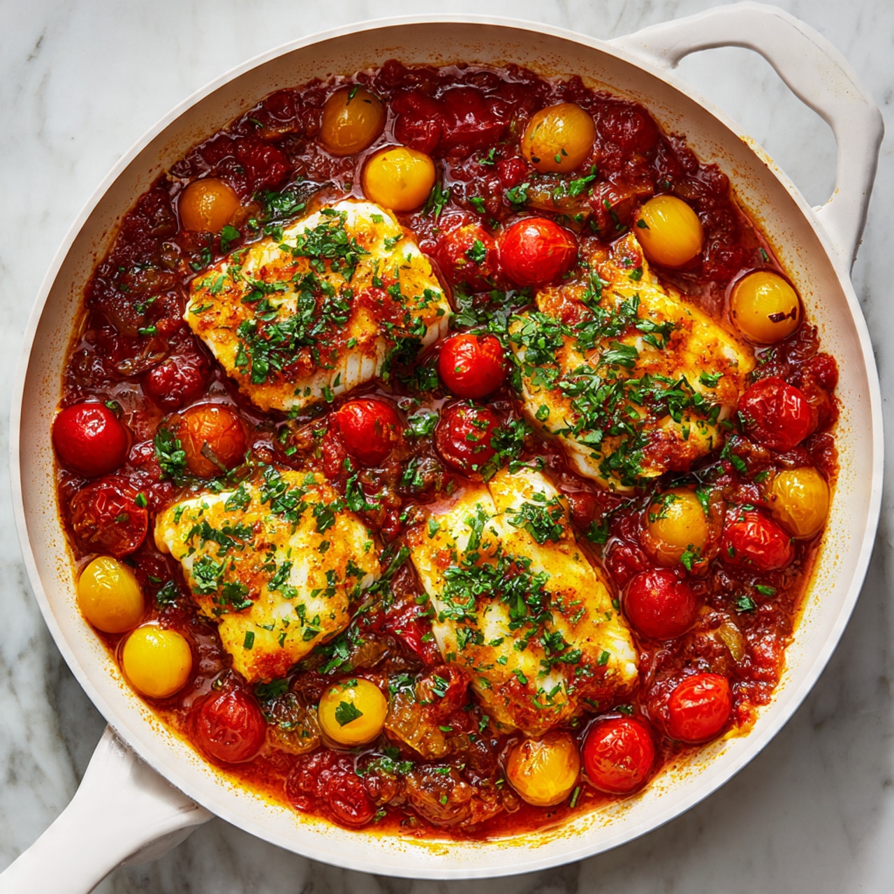 A white skillet filled with a rich tomato sauce layered with yellow and red small tomatoes, pieces of cooked white fish placed in the center, sprinkled with green herbs on top. The sauce has a shiny, slightly thick texture with visible chunks of tomatoes and herbs spread evenly. The skillet is set on a white marbled surface with the fish pieces sitting flat and partially submerged in the sauce. Photo taken with an iphone --ar 4:5 --v 7