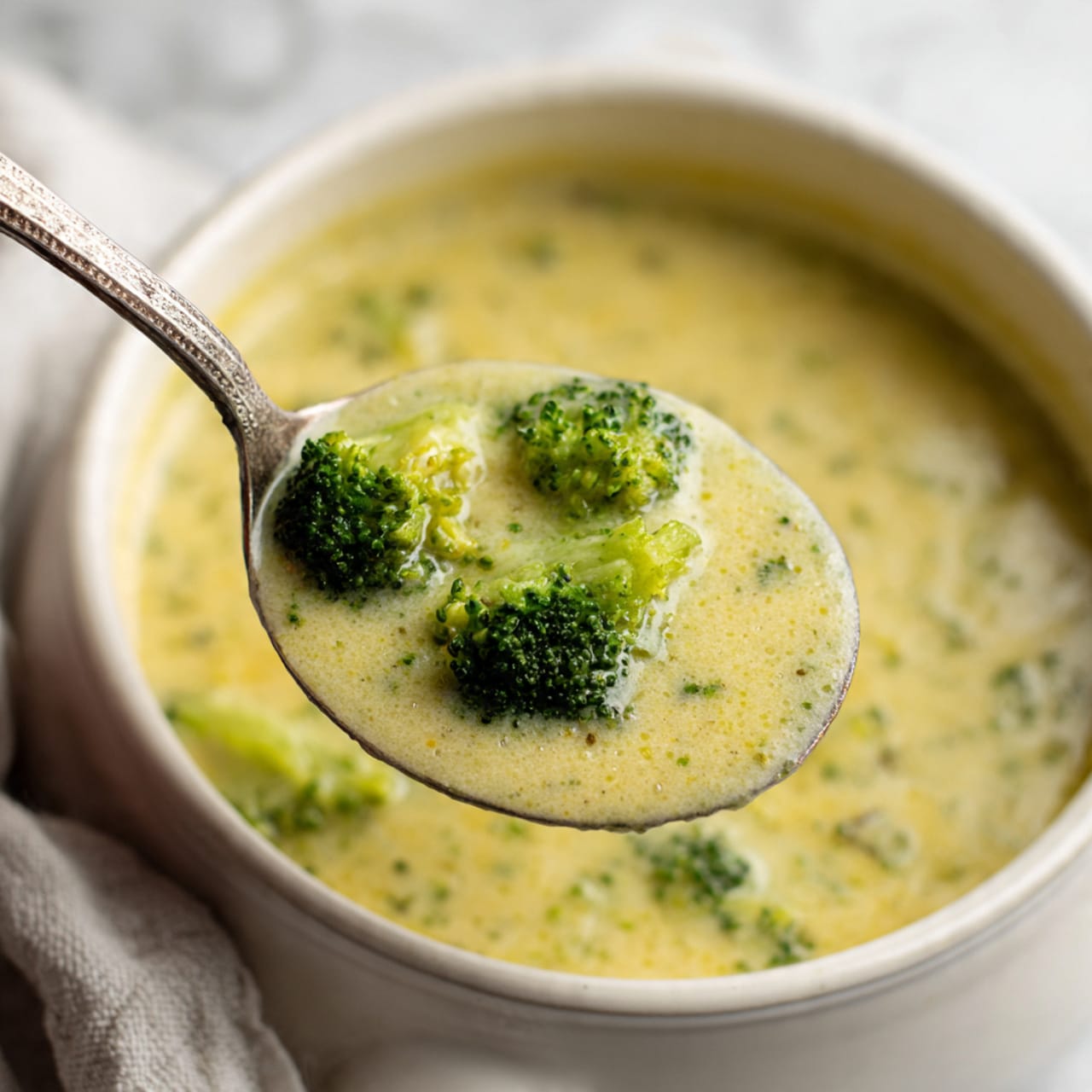A ladle filled with creamy broccoli soup showing three green broccoli florets and pale yellow creamy broth, with visible small bits of broccoli and soft texture. The ladle is silver with a metal handle and holds the soup above the deeper soup pot. The edge of the white pot is just visible in the lower corner with a soft white cloth nearby. The background is a white marbled texture. photo taken with an iphone --ar 4:5 --v 7