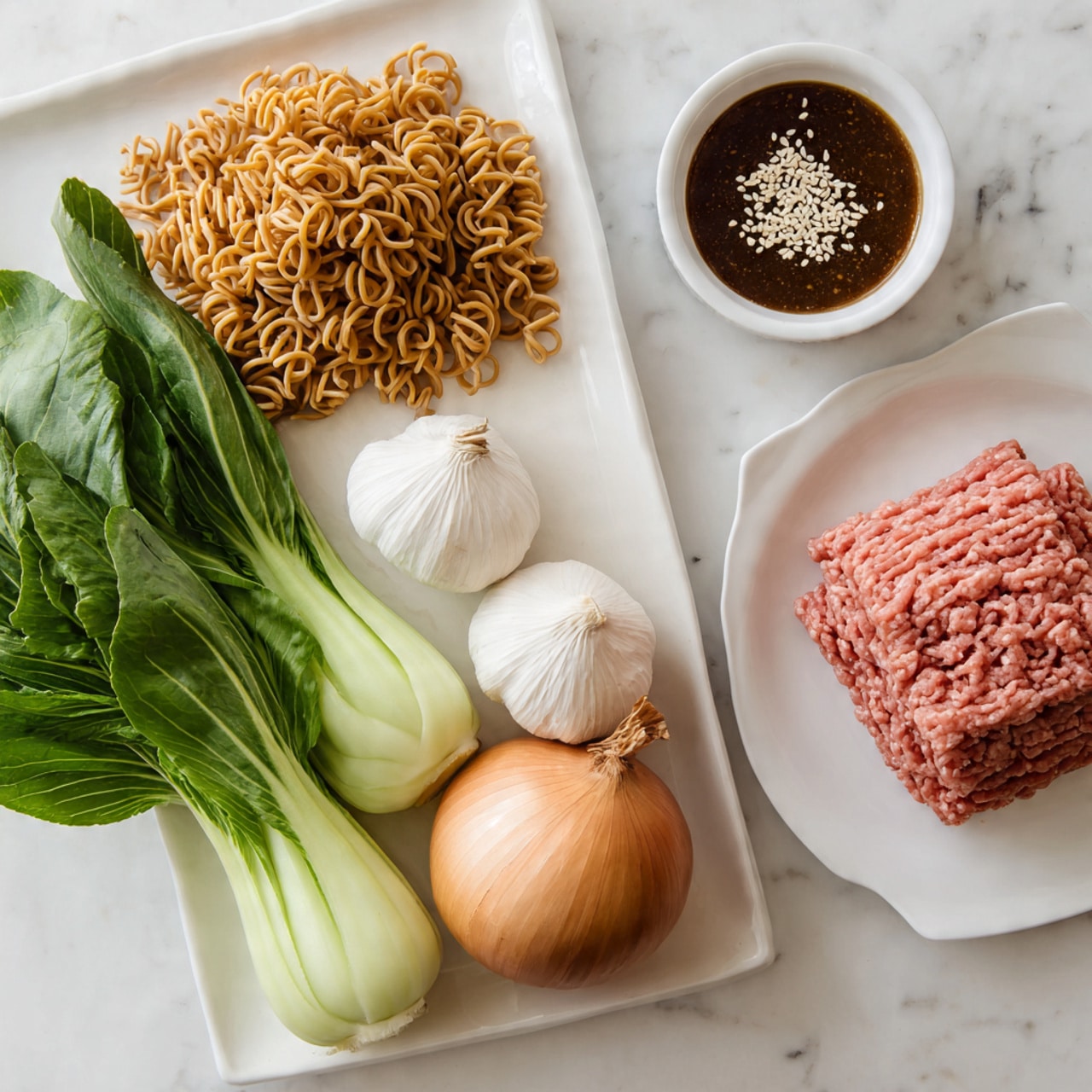 The image shows a white plate filled with several ingredients arranged neatly. On the plate, there is a whole brown onion with dry skin, two white garlic bulbs with papery layers, and a bunch of green leafy bok choy with thick white stems. To the left of the plate, there is a square block of uncooked curly noodles. Above the plate on the left side, there is a small white bowl filled with a dark brown sauce topped with white sesame seeds. To the right, a stack of raw pink ground meat is placed on a white plate. All items are laid on a clean white marbled surface. Photo taken with an iphone --ar 4:5 --v 7
