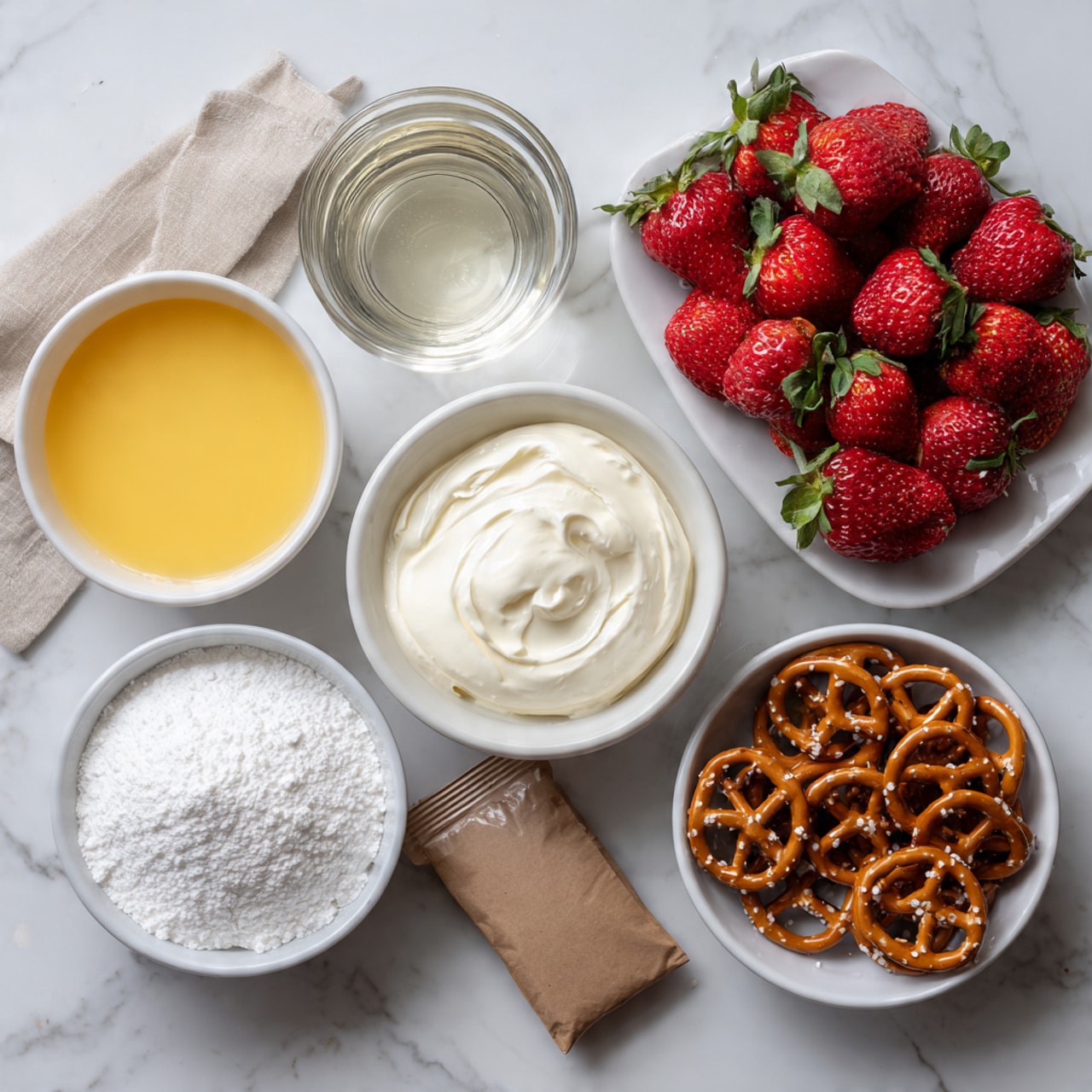 The image shows several white bowls and plates arranged on a white marbled surface. There is one bowl filled with smooth yellow melted butter, another bowl with white soft cream cheese, and a third bowl containing white powdered sugar. A small glass holds a clear liquid, likely water, and there is a pile of white granulated sugar next to it. A white plate holds a bunch of red strawberries with green tops. Another white bowl is filled with small pretzels. A brown paper packet lies flat nearby. The arrangement is neat and colorful with a mix of white, yellow, red, and brown tones, giving a fresh and clean look. Photo taken with an iphone --ar 4:5 --v 7