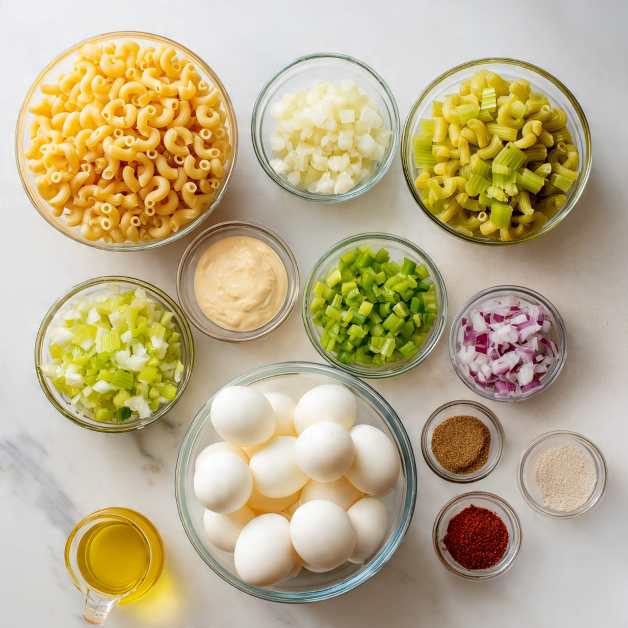 The image shows several clear glass bowls arranged on a white marbled surface, each filled with different ingredients. There is one large bowl full of yellow elbow macaroni in the top center and another large bowl at the bottom center holding peeled white hard-boiled eggs. Surrounding these are smaller bowls containing bright green chopped celery on the right, finely diced red onions below the celery, chopped green pickles below the macaroni, a bowl with white mayonnaise in the top left, and a very small bowl with pale beige mustard below the mayonnaise. There are also tiny bowls with spices consisting of white, beige, and red powders and a small measuring cup with a clear yellow liquid near the bottom left. photo taken with an iphone --ar 4:5 --v 7