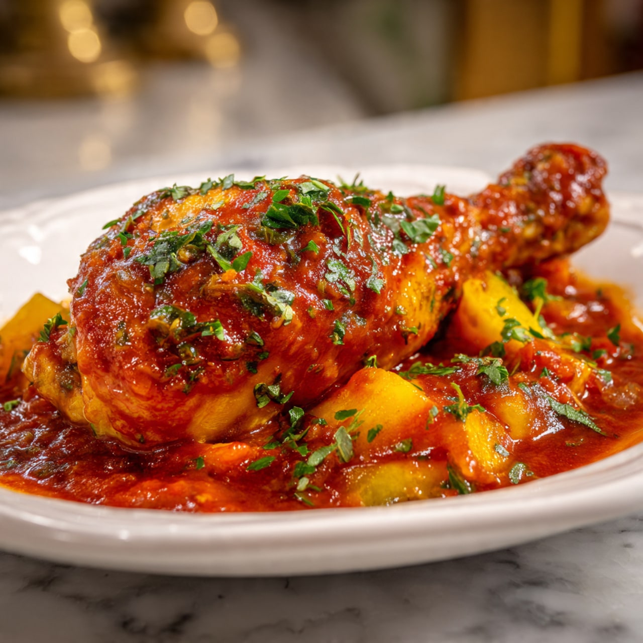 A white plate holds one chicken drumstick covered in a rich, bright red sauce with small green herb pieces on top. The drumstick sits on a bed of chunky orange and yellow vegetables, also coated in the same vibrant red sauce, which looks thick and smooth. The plate is set on a white marbled surface with blurred background elements. The image is clear and close up, showing the texture of the sauce and vegetables in detail. Photo taken with an iphone --ar 4:5 --v 7