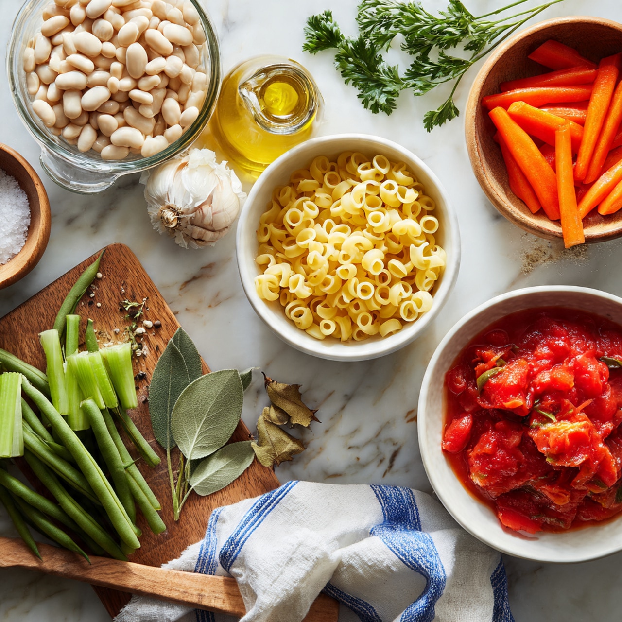 A collection of fresh cooking ingredients arranged neatly on a white marbled surface, including a clear glass bowl filled with light beige white beans, a white bowl with bright orange carrot slices, and another white bowl holding vibrant red chopped tomatoes in juice partially covered by a white cloth with blue stripes. A wooden bowl holds small yellow pasta rings with a wooden spoon resting inside. A bundle of fresh green beans and a whole yellow onion sit on a wooden chopping board alongside bay leaves, dried herbs in small white bowls, and garlic cloves. Fresh green celery pieces in a clear glass bowl and a small wooden bowl with salt are also present. A sprig of fresh parsley adds more green to the scene. Photo taken with an iphone --ar 4:5 --v 7