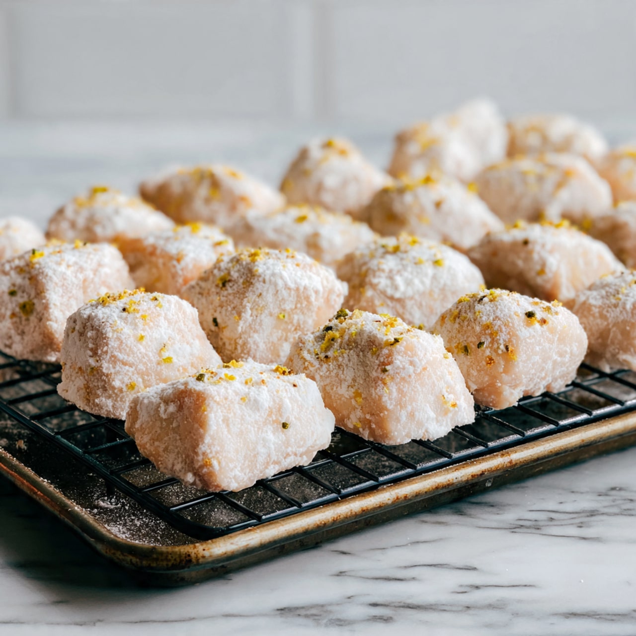 Raw chicken pieces are placed in three rows on a black wire rack. Each piece is covered with a light white powder and scattered with little yellow and black seasoning spots. The wire rack sits on a tray with a cold, slightly stained look, adding rough texture beneath the chicken. The lighting is even and natural, showing the raw pale pink and cream colors of the chicken with the snowy white powder on top. The background surface is a white marbled texture. photo taken with an iphone --ar 4:5 --v 7