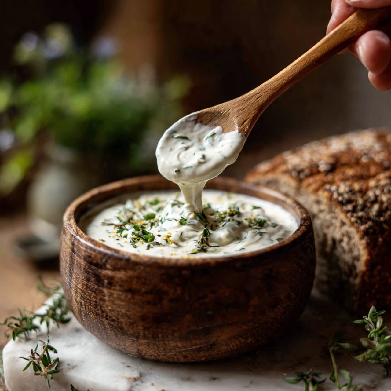 The image shows a dark wooden bowl filled with thick white sauce, topped with small green herbs. A woman's hand is holding a wooden spoon swirling the sauce, lifting some above the bowl. The background has a large piece of brown bread and some green herbs that are slightly out of focus. Everything is placed on a white marbled surface. photo taken with an iphone --ar 4:5 --v 7