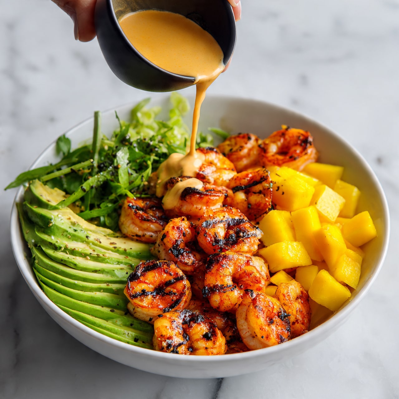 A white bowl filled with a colorful dish: grilled shrimp with a slightly charred orange color and grill marks sit on one side of the bowl, while fresh green avocado slices are neatly placed next to them. Bright yellow mango cubes add a pop of color opposite the avocado. Above the bowl, a woman's hand is pouring a creamy light orange sauce from a small black cup onto the shrimp. The bowl rests on a white marbled surface. Photo taken with an iphone --ar 4:5 --v 7