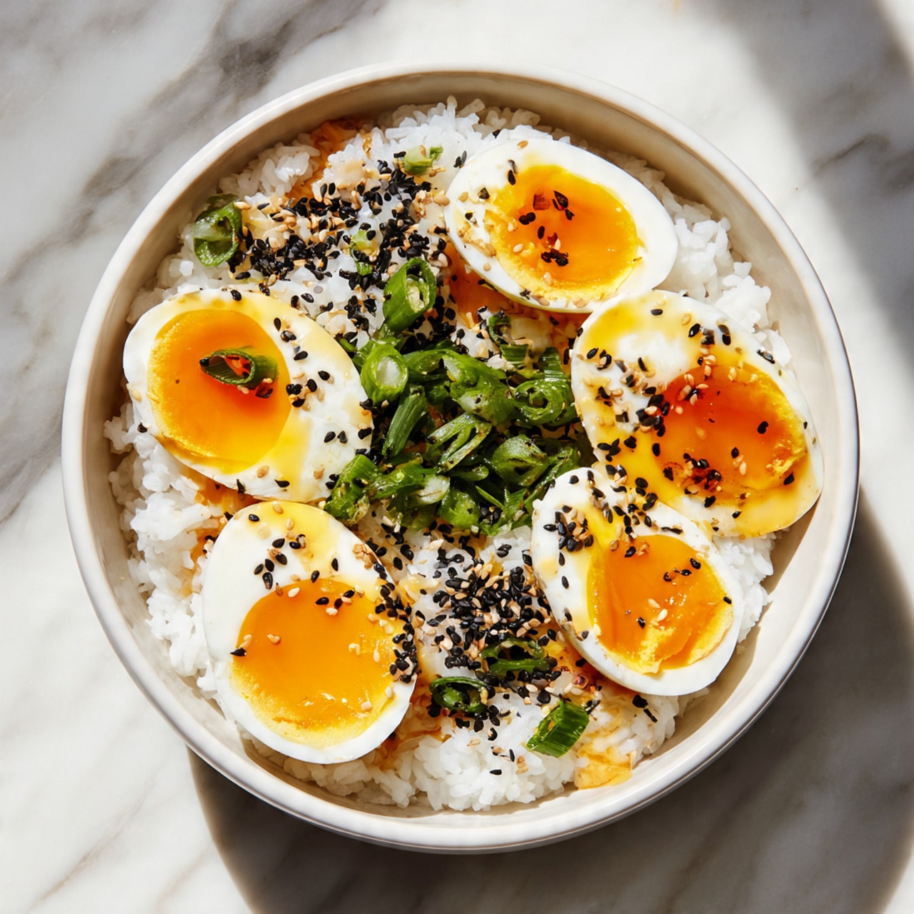 A white bowl filled with white rice at the bottom, topped with four halves of soft-boiled eggs placed neatly in a row on one side. The eggs have bright orange yolks and smooth white edges. In the middle, there is a small pile of chopped green onions. Black sesame seeds are sprinkled on top of both the rice and eggs. The bowl is placed on a white marbled surface, with sunlight creating natural shadows. photo taken with an iphone --ar 4:5 --v 7