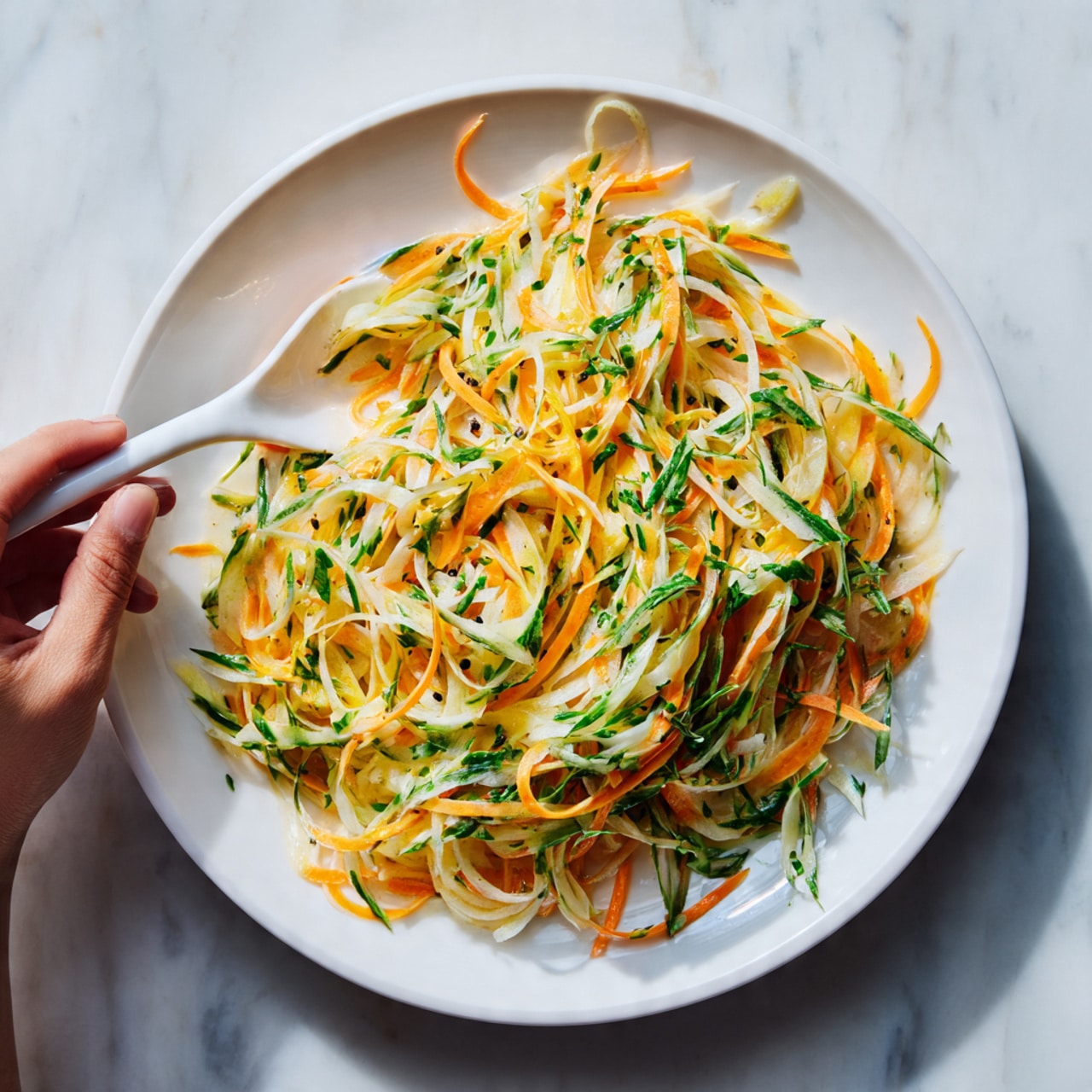 The image shows a white plate filled with a creamy salad made of mixed green and orange thin strips that appear soft and coated with a light dressing. The layers are jumbled together in a loose pile, with the green and orange strands twisted and overlapping each other evenly across the plate. Light catches on the glossy, slightly shiny surface of the salad, giving it a fresh look. A woman's hand holding a white spoon is seen on the upper left side, about to scoop some salad. The plate sits on a white marbled surface. photo taken with an iphone --ar 4:5 --v 7