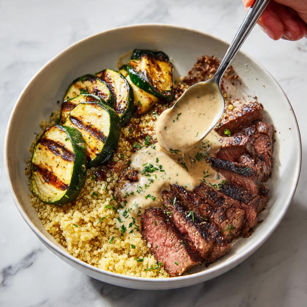 Grilled Steak Bowl with Creamy Sauce and Grilled Zucchini Recipe