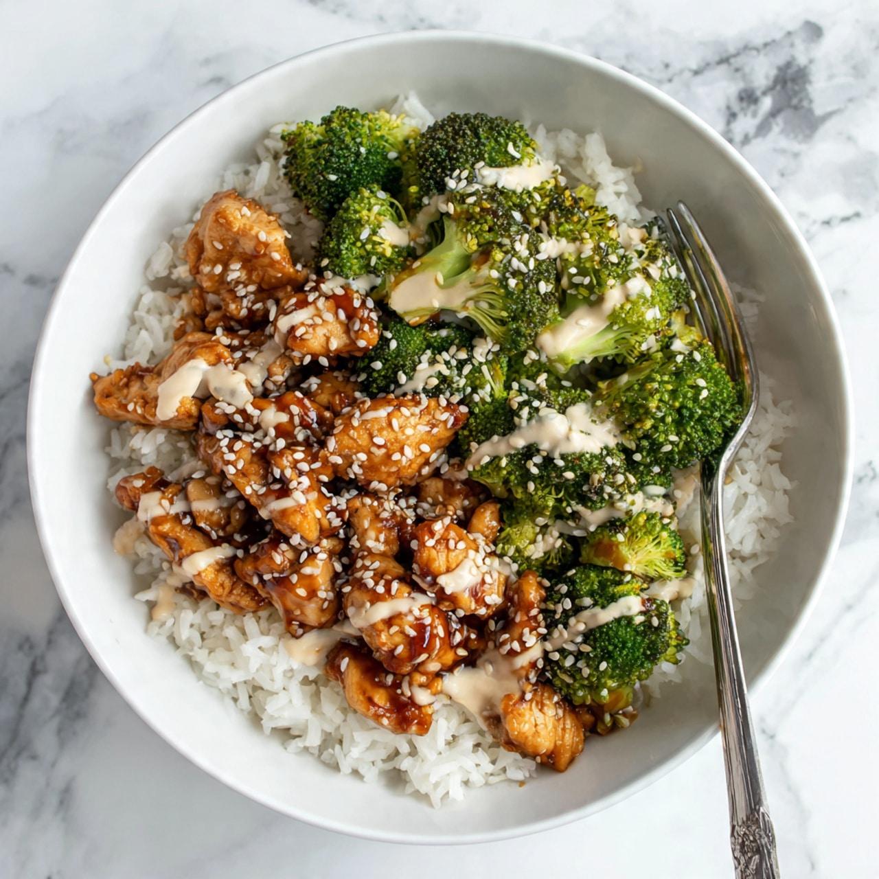 A white bowl filled with a base layer of fluffy white rice, topped with a layer of bright green broccoli pieces, and another layer of small brown seasoned chicken pieces. Both broccoli and chicken are covered with a dark brown sauce and drizzled with a light creamy sauce, sprinkled evenly with white sesame seeds. The bowl is placed on a white marbled surface with a fork resting inside the bowl on the right side. Photo taken with an iphone --ar 4:5 --v 7