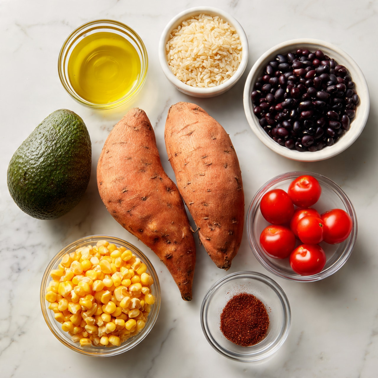 The image shows eight ingredients placed on a white marbled surface. In the center, two medium-size raw sweet potatoes with rough orange skin lie side by side. To the left, a dark green, bumpy avocado is positioned near a small white bowl filled with golden olive oil. Near the top center, there is a small white bowl with light brown cooked rice, and to its right, another small white bowl holds several shiny red grape tomatoes. Below the tomatoes, a clear glass bowl is filled with bright yellow corn kernels, and next to it, another clear glass bowl holds dark black beans. Above the avocado and olive oil, a small white bowl contains a fine, dark brown powdery spice. All items are neatly arranged and clearly visible. photo taken with an iphone --ar 4:5 --v 7