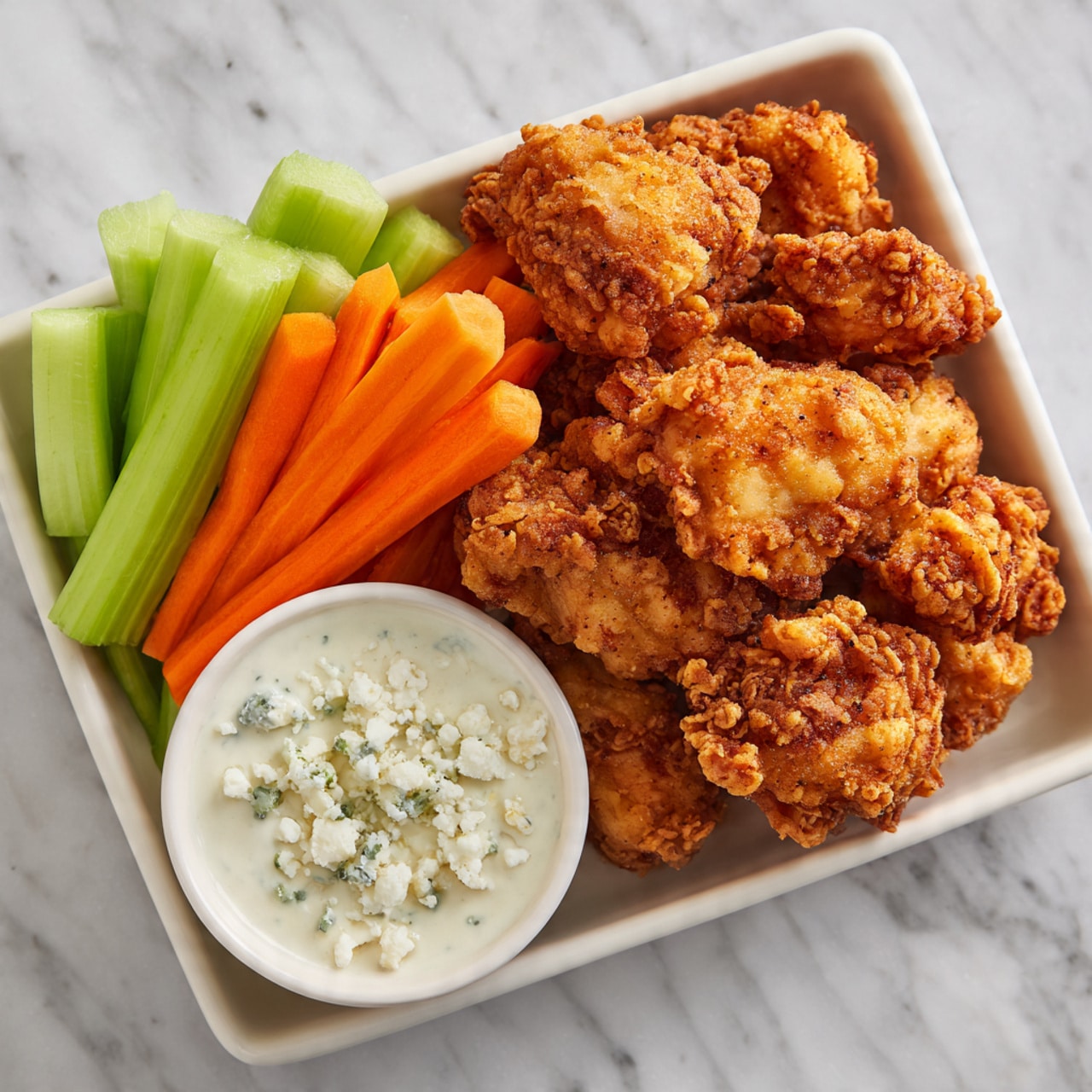 A rectangular white dish on a white marbled surface holds several golden-brown crispy fried chicken pieces piled together on the right side. On the left side of the dish, there are fresh bright orange carrot sticks and light green celery sticks, both cut into long, even strips. At the bottom left corner of the dish, there is a small white bowl filled with creamy white dipping sauce topped with small crumbled white cheese pieces. The vegetables and chicken create a colorful and fresh look with a mix of crunchy textures. photo taken with an iphone --ar 4:5 --v 7