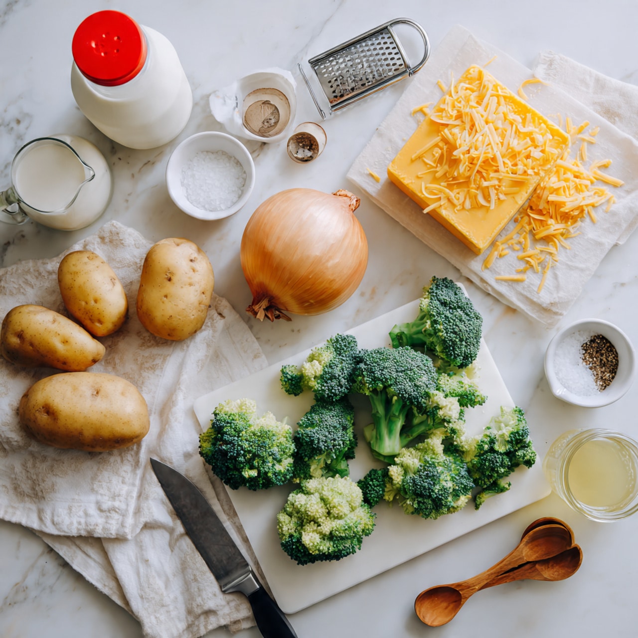 This image shows a white marbled surface with raw ingredients for a recipe spread out. There are four light brown potatoes near the center top, and one whole yellow onion beside them. In the middle, chopped bright green broccoli pieces are on a white cutting board, with larger broccoli florets on a white cloth nearby. A block of orange medium cheddar cheese sits on a white board with some shredded cheese spreading out from a metal grater. A large knife with a black handle lies near the broccoli. At the top left, a white container of milk and a red-capped container are visible. Small white bowls with salt and pepper, each with a small wooden spoon, are on the right side. A jar filled with a light yellow liquid is near the bottom center. The whole setup is bright and neat. photo taken with an iphone --ar 4:5 --v 7