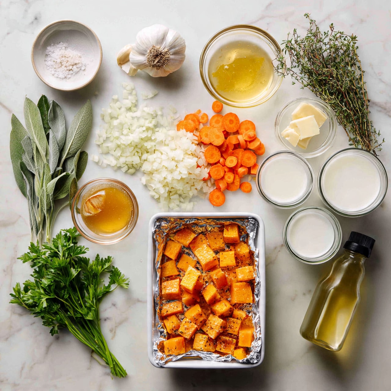 The image shows a white marbled surface with several fresh ingredients neatly arranged. On the left side, a small white bowl holds coarse salt, next to peeled garlic cloves and a whole garlic bulb. Above, there are fresh green herbs including sage and thyme. In the center, chopped white onion pieces sit beside a pile of roughly chopped orange carrots, with some carrot slices and a whole carrot below. A small white bowl contains butter slices, and another small white bowl holds honey, with some honey dripping outside the bowl. On the right, a white tray lined with foil holds roasted small orange squash cubes with golden brown edges. Near the tray are three clear containers filled with white cream, a bottle with a dropper top, and a jar of light yellow broth or juice. A sprig of fresh green parsley lies near the bottom center. photo taken with an iphone --ar 4:5 --v 7