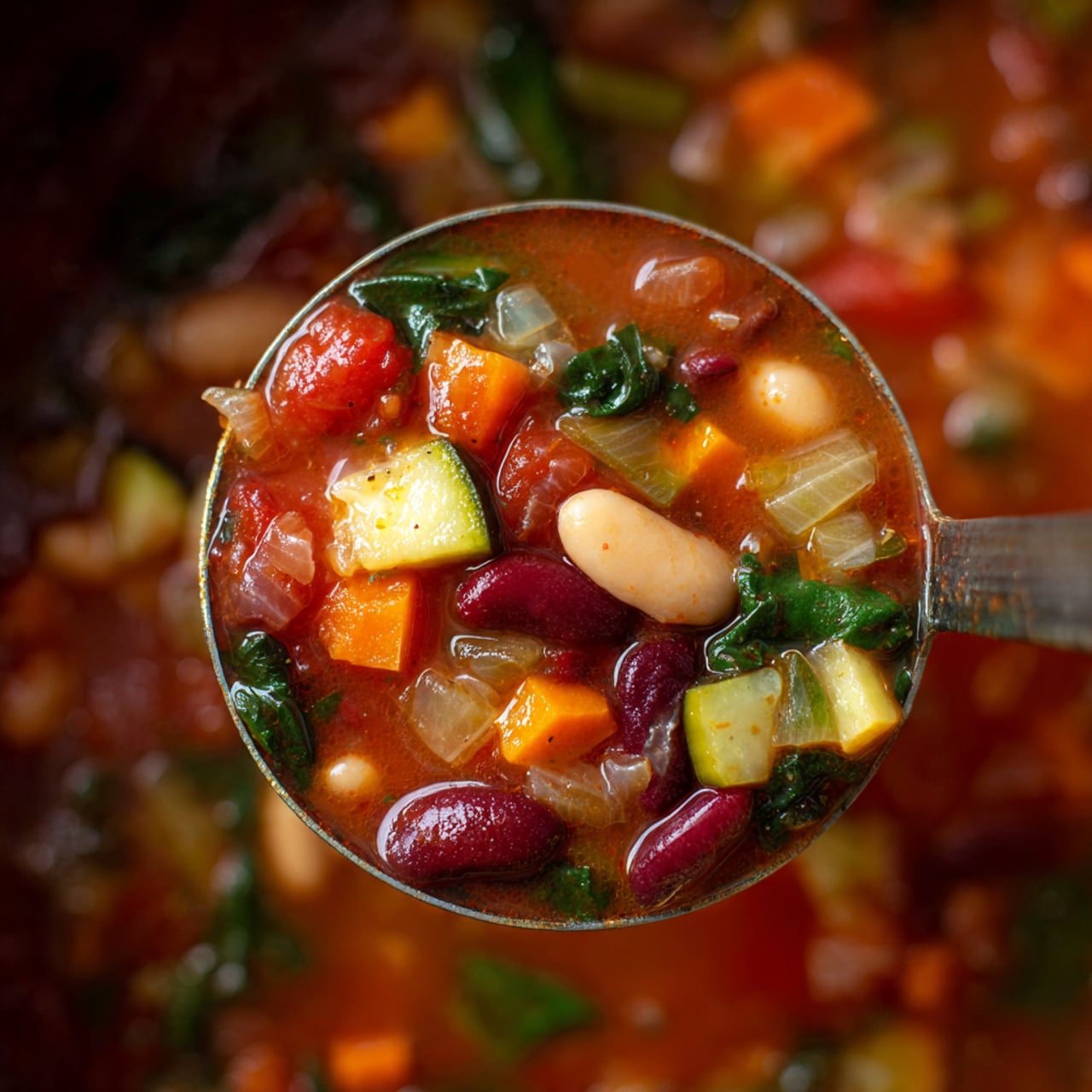 A close-up view of a ladle filled with a thick vegetable soup held above a pot. The soup has many layers of colors and textures: bright red chunks of tomato, dark red kidney beans, white beans, small pieces of green spinach, orange carrots, and bits of yellow zucchini all floating in a rich, reddish broth. The vegetables and beans mix closely, filling the ladle fully, while the background shows more soup in the pot with a soft focus. Photo taken with an iphone --ar 4:5 --v 7