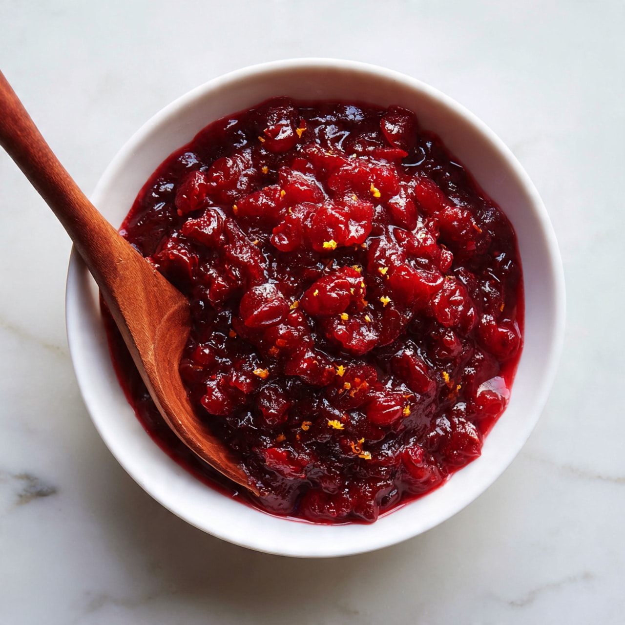 The image shows a white bowl filled with a thick, chunky red sauce that has visible pieces of whole cranberries and bits of orange zest mixed in. The sauce has a shiny, slightly wet texture, and the cranberries look juicy and soft. A wooden spoon rests inside the bowl on the left side. The bowl is placed on a white marbled surface. photo taken with an iphone --ar 4:5 --v 7