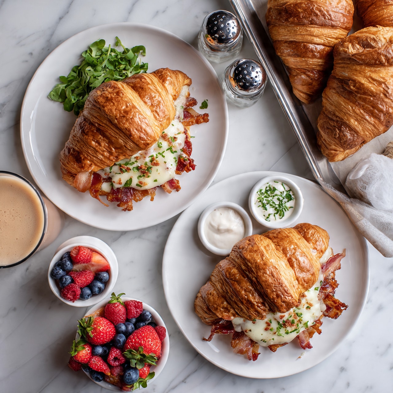 The image shows two white plates on a white marbled surface, each with a golden brown croissant sandwich filled with crispy bacon and melted cheese. One sandwich is topped with green garnish. Next to the plates, there are small white bowls filled with mixed berries including strawberries, blueberries, and raspberries. There are also small white bowls with cream and chopped green herbs. In the background, a metal tray holds more croissants. A tall clear glass with a creamy drink and a pepper shaker are also on the surface. A woman's hand is reaching towards the plate with berries. Photo taken with an iphone --ar 4:5 --v 7