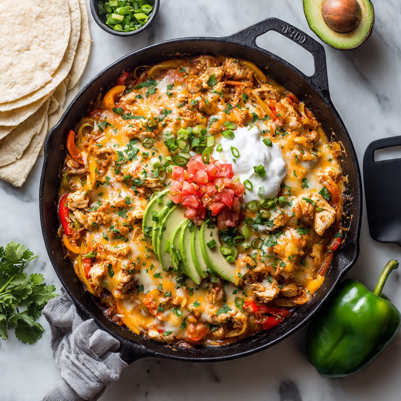A black cast iron skillet sits on a white marbled surface, filled with one main layer of melted golden orange cheese covering pieces of cooked chicken and sliced bell peppers in red, yellow, and green. On top of the cheese, there are thin green rings of chopped scallions scattered all around with fresh chopped cilantro sprinkles. In the center, there are slices of bright green avocado, a small dollop of smooth white sour cream, and a small mound of finely chopped red tomatoes. A black spatula rests beside the skillet, and a whole green bell pepper and half an avocado are placed nearby with folded white flour tortillas on the side. Photo taken with an iphone --ar 4:5 --v 7