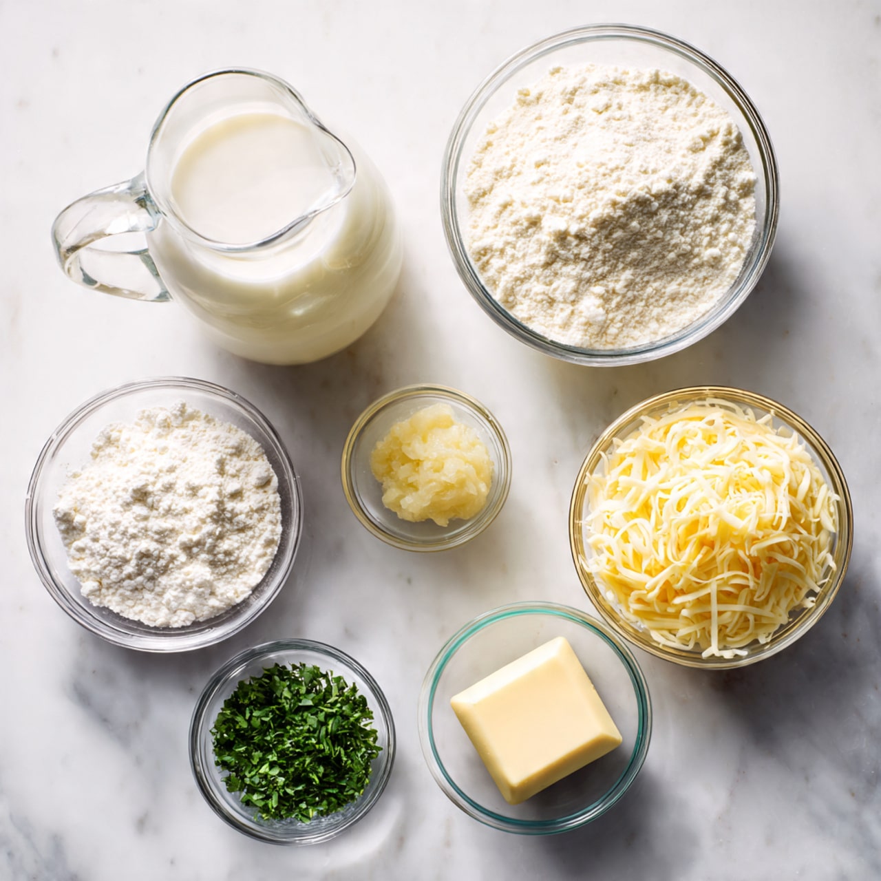 The image shows six clear glass containers arranged in a loose circle on a white marbled surface. At the top left, there is a large glass jug full of fresh white milk. Below the jug to the left, a small glass bowl holds white powdered flour. To the right of the flour, a larger glass bowl is filled with light yellow shredded cheese. Below the cheese, a small glass bowl contains fresh green chopped herbs. To the right of the herbs, there is a small glass bowl with a square of pale yellow butter. At the top center, a small bowl holds a light yellow paste or minced garlic. The lighting is soft and natural, giving the ingredients a fresh look. photo taken with an iphone --ar 4:5 --v 7