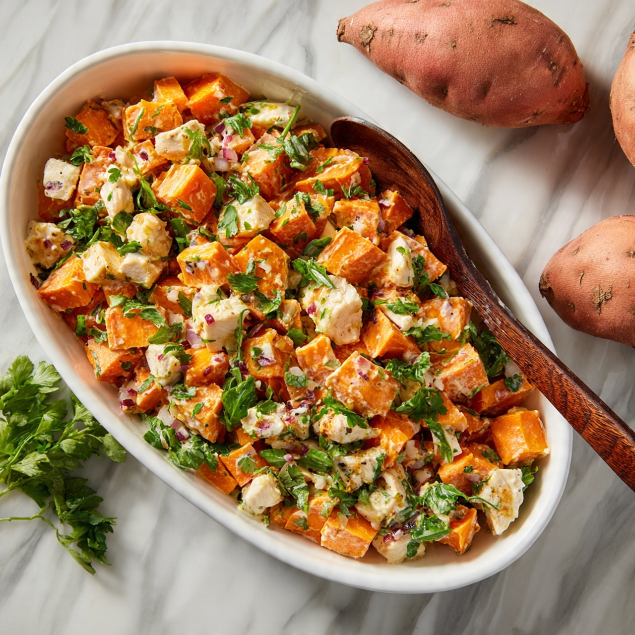 The image shows a white oval dish filled with a colorful salad consisting of several layers: the base layer contains cubed orange sweet potatoes with a soft texture, mixed evenly with small white pieces of chicken scattered throughout; green leafy herbs are sprinkled on top, adding a fresh contrast; the entire dish has a light, creamy dressing that gives a shiny appearance; a dark wooden fork rests on the right edge of the dish, placed on a white marbled surface with a few whole sweet potatoes around the scene. photo taken with an iphone --ar 4:5 --v 7