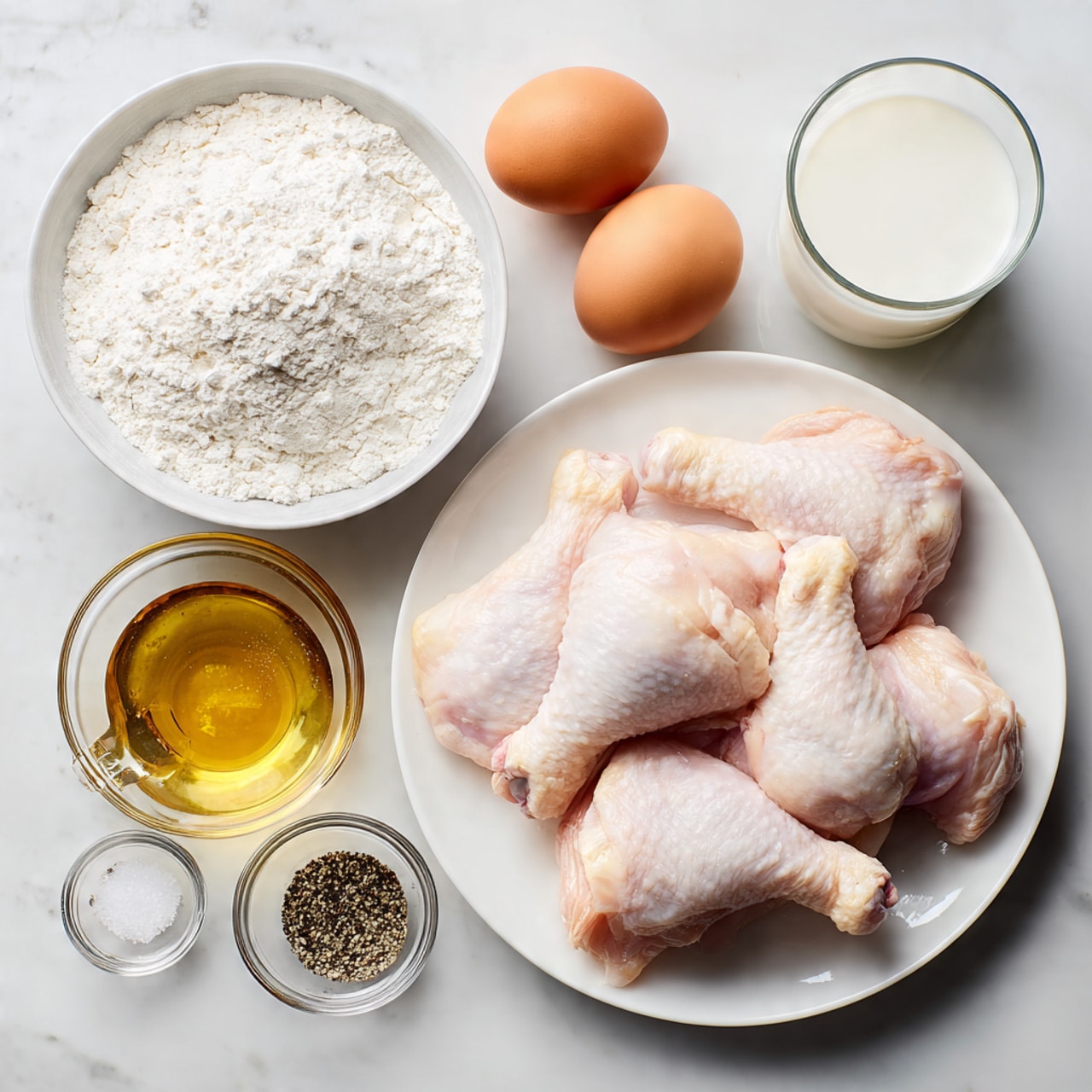 A white plate filled with raw chicken drumsticks and thighs, pale pink with smooth skin, is placed on a white marbled surface. To the left, there is a round white bowl filled with white flour, two brown eggs sitting side by side, and a clear measuring cup with golden oil inside. Below these, two small bowls contain black pepper and coarse white salt. To the right of the seasoning bowls, there is a glass cup filled with white milk. Above all, a silver metal grilling tray rests on the white marbled surface. Photo taken with an iphone --ar 4:5 --v 7