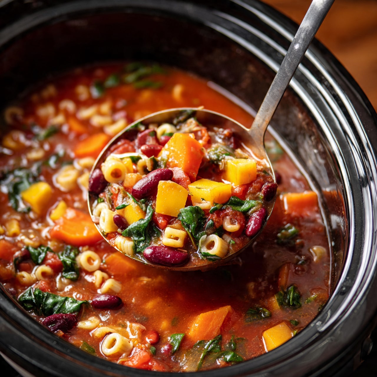 A close-up view of a slow cooker filled with a colorful vegetable soup, showing layers of ingredients including orange carrot slices, dark red kidney beans, light yellow diced squash, chopped green spinach leaves, and small pasta shells all mixed in a rich red tomato broth. The soup has a mix of textures with soft vegetables and beans floating in the warm, slightly thick liquid. A metal ladle is scooping a portion of the soup, filled with visible chunks of each ingredient, held just above the soup's surface. The slow cooker is shown on a wooden table, with the shiny black and silver sides of the cooker visible. The photo taken with an iphone --ar 4:5 --v 7