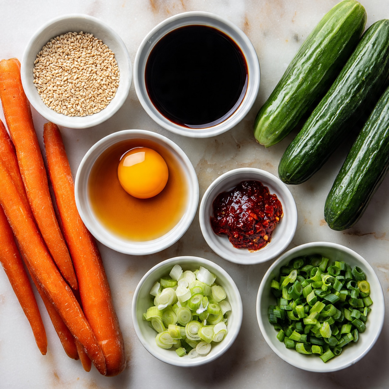 The image shows a collection of fresh ingredients arranged neatly on a white marbled surface. In the front, there are three bright orange carrots with smooth skin. Behind them, there are several fresh green cucumbers stacked together. To the side, there are eight small white bowls neatly placed, each holding a different ingredient: sesame seeds, dark soy sauce, a raw egg yolk in light liquid, light soy sauce, chopped green onions and green parts of scallions, a red chili paste, and crushed garlic. The ingredients show clear colors and textures, creating a fresh and organized feel. Photo taken with an iphone --ar 4:5 --v 7