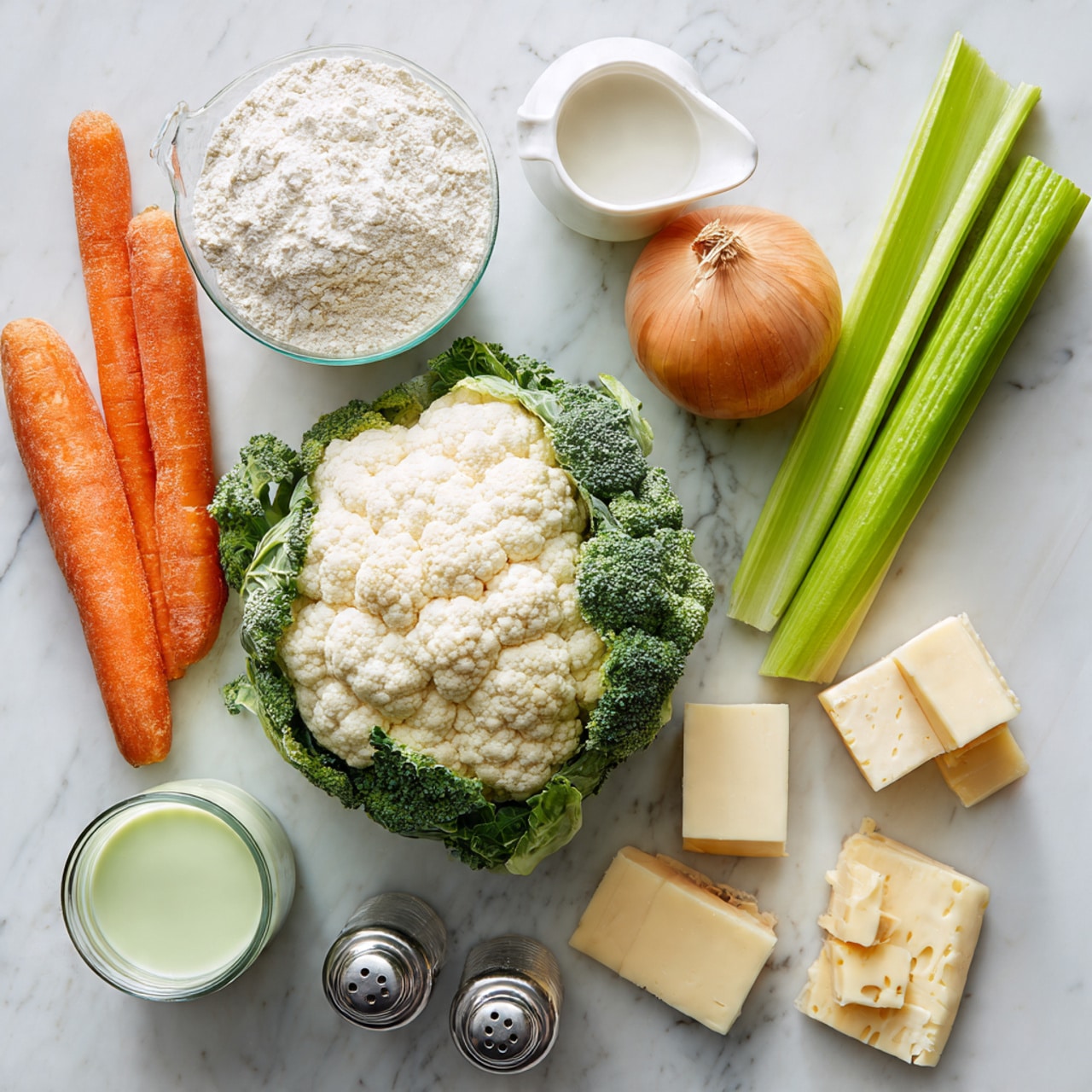 The image shows fresh cooking ingredients laid out on a white marbled surface, including a large head of green broccoli and a head of white cauliflower placed in the center. To the left, there are two bright orange carrots, and above them is a glass container filled with white flour. To the right of the cauliflower, there is a green celery stalk and a light brown onion. At the top, a white measuring cup with some white liquid inside is visible, and next to it is a translucent container with a pale green liquid. Near the bottom, four types of cheese are arranged in small blocks or slices, with colors ranging from creamy white to light yellow. Small metal salt and pepper shakers are also visible, completing the array of fresh ingredients. Photo taken with an iphone --ar 4:5 --v 7