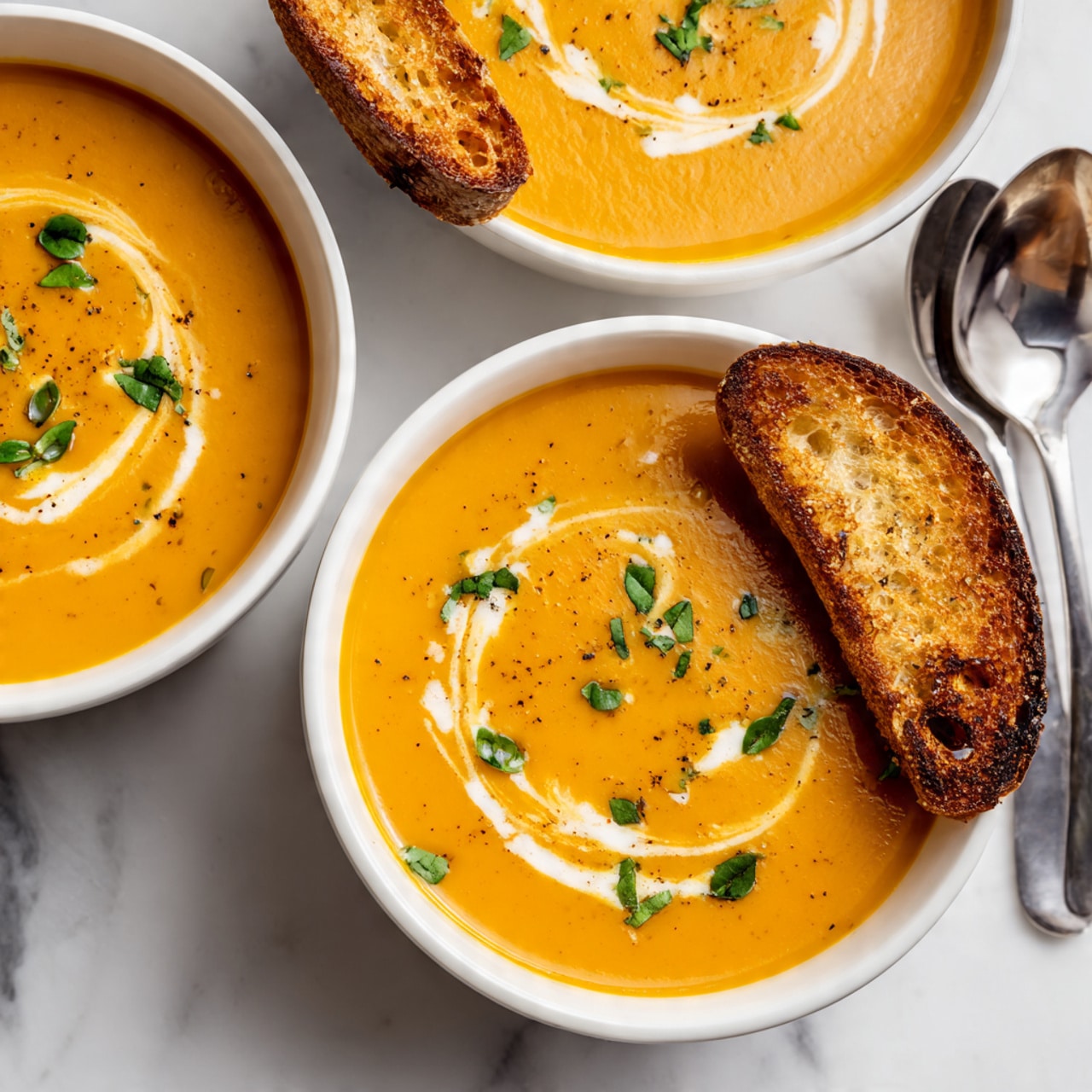 The image shows three white bowls filled with a smooth, light orange soup, each bowl decorated with a thin white cream swirl and small green herb bits on top. One bowl, centered and closest to the camera, has a toasted bread slice resting on its edge, showing a crunchy golden-brown texture. The bowls are placed on a white marbled surface, with a metal spoon lying nearby. The soup looks warm and creamy with a rich texture, and the overall setup is bright and inviting. photo taken with an iphone --ar 4:5 --v 7