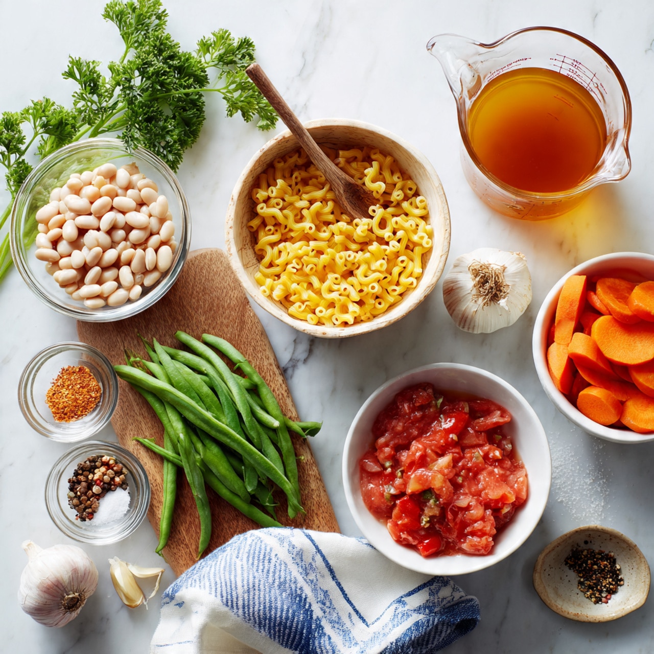 A white marbled surface holds an arrangement of fresh ingredients. At the center, a light wooden bowl contains small yellow pasta with a wooden spoon resting in it. To the right, a white bowl is filled with bright orange carrot slices, above which is a glass measuring cup with brownish broth. Below, a white bowl holds diced red tomatoes in juice, partly covered with a white cloth with blue stripes. To the left, a small glass bowl contains pale celery pieces, above which is a glass bowl filled with white beans. On the wooden board, fresh green beans are placed beside a light yellow onion and two garlic cloves. Small white and wooden dishes hold spices including dried herbs, chili flakes, salt, and cumin seeds. Fresh green parsley lies near the top left corner. photo taken with an iphone --ar 4:5 --v 7