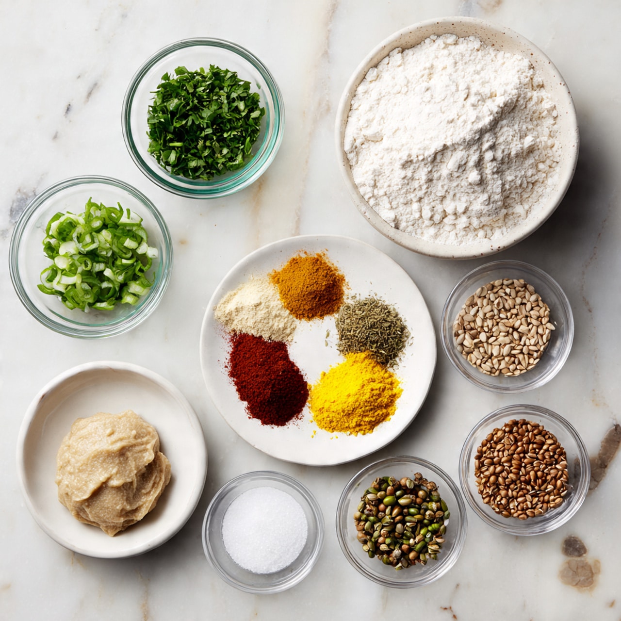 The image shows an arrangement of cooking ingredients on a white marbled surface. At the top right, there is a white bowl filled with white flour. Below it to the left, a small clear glass bowl holds chopped green herbs. In the center, a small white plate has six different powdered spices in small piles, including a bright yellow one and a deep red one. To the right of this plate, another white plate contains whole spices in three sections: light brown seeds, dark brown seeds, and green seeds. At the bottom left, there is a clear glass bowl with a beige paste, next to a small clear bowl with chopped green chilies. Below them are two small clear bowls, one with white granulated salt and the other with brown seeds. The setup looks organized and ready for cooking. photo taken with an iphone --ar 4:5 --v 7
