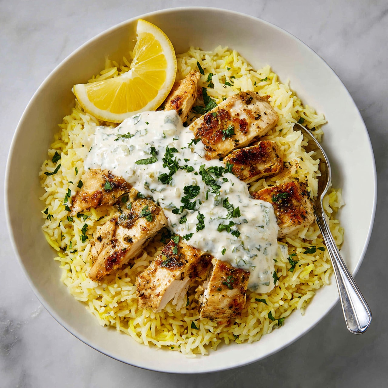 The dish shows a white bowl filled with three layers: the bottom layer is fluffy yellow rice with a soft texture, the middle layer is several pieces of cooked golden chicken seasoned with herbs and spices scattered on top of the rice, and the top layer is a dollop of creamy white sauce mixed with finely chopped green herbs placed near the chicken. A wedge of bright yellow lemon is positioned on the left side of the bowl, with a silver spoon partially resting in the rice. The bowl sits on a white marbled surface. Photo taken with an iphone --ar 4:5 --v 7