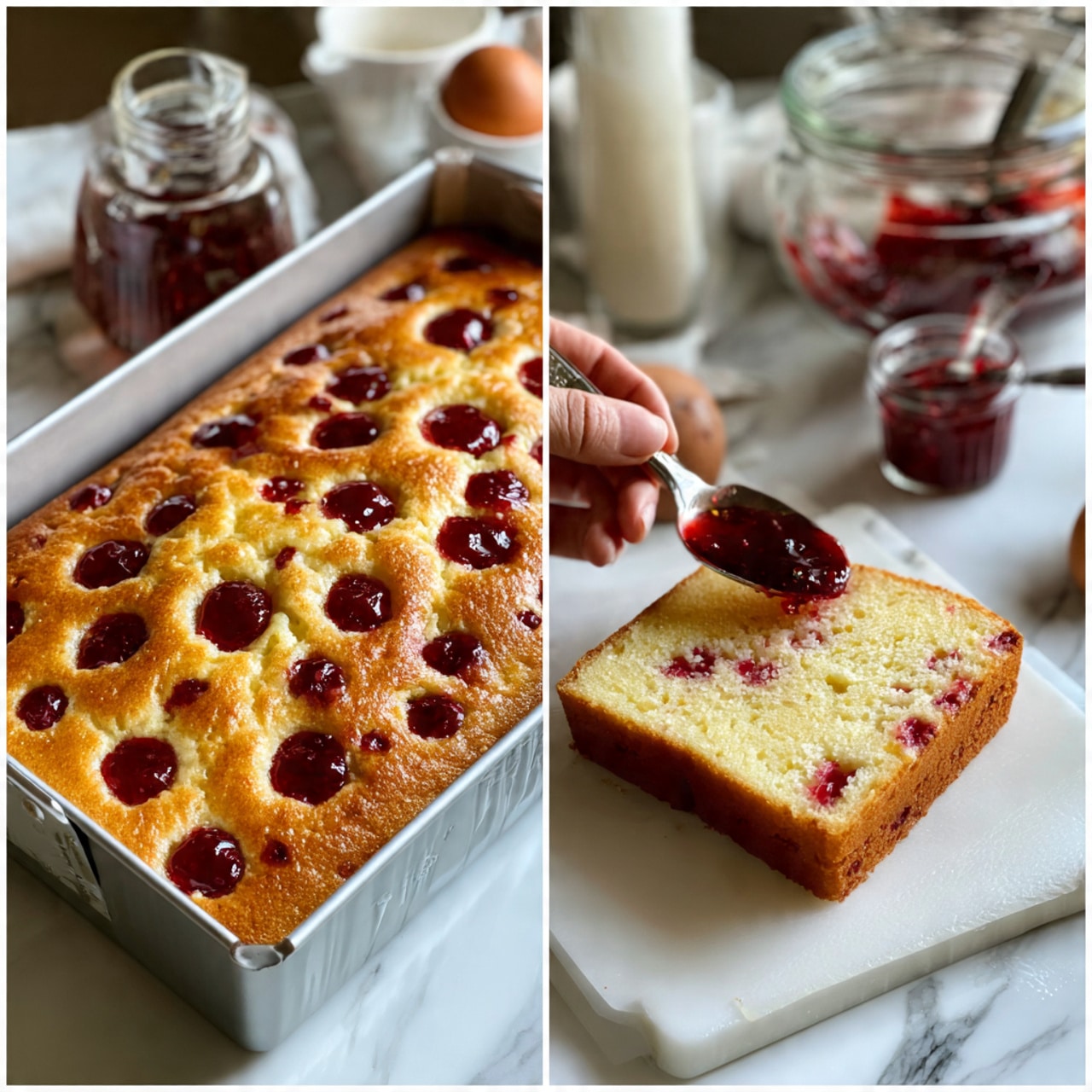The image shows a white baked cake in a rectangular pan with a golden-brown top layer that has many small, round red jam spots evenly spread in rows on the surface. The cake looks soft and fluffy with a slightly rough texture around the jam spots. A woman's hand is placing jam in one of the spots with a spoon, and in one close-up, a square slice is taken out on a white marbled surface, showing a light yellow inner layer with scattered red jam pieces inside. The surrounding area has baking ingredients like eggs, jars, and a bottle on the white marbled counter. Photo taken with an iphone --ar 4:5 --v 7