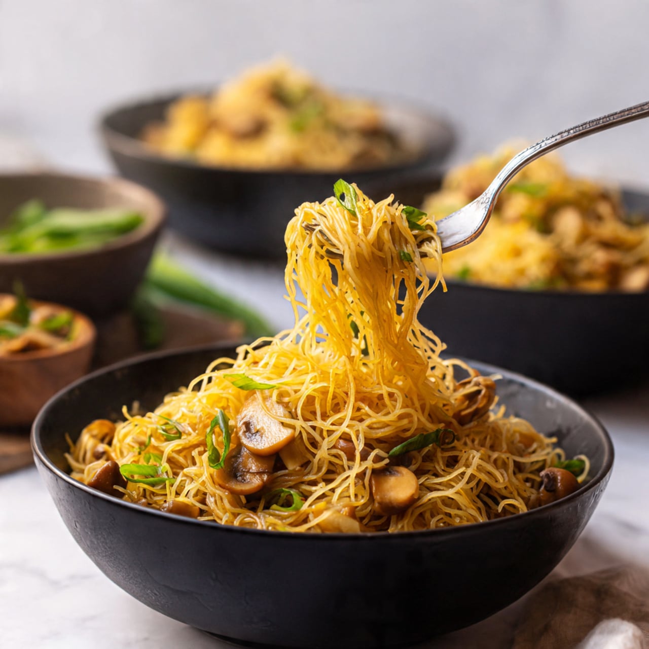 The image shows a close-up of a black bowl filled with thin yellow noodles mixed with small pieces of light brown mushrooms and green spring onions. The noodles have a slightly shiny texture, showing they are cooked and coated lightly with sauce. A silver fork is lifting some noodles in the right center of the bowl. The background has a soft focus with more bowls of the same noodles and some green vegetables, all sitting on a white marbled surface. Photo taken with an iphone --ar 4:5 --v 7