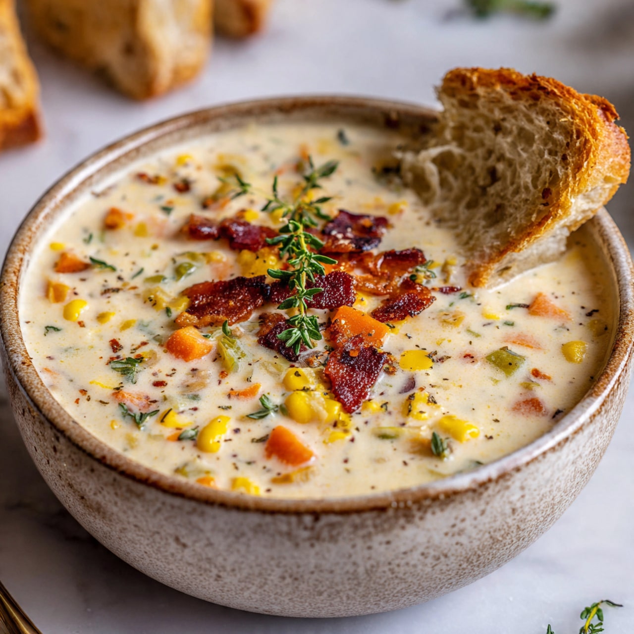 A round, rustic bowl filled with creamy white soup that is thick and full of small pieces. The soup has visible layers of orange carrot chunks, yellow corn, and bits of green herbs. On top, there are dark brown crispy bacon pieces and a small sprig of fresh green thyme. A torn piece of light brown bread is placed inside the soup on the right side. The bowl sits on a white marbled surface with blurry pieces of bread and utensils in the background, creating a warm, cozy feeling. Photo taken with an iphone --ar 4:5 --v 7