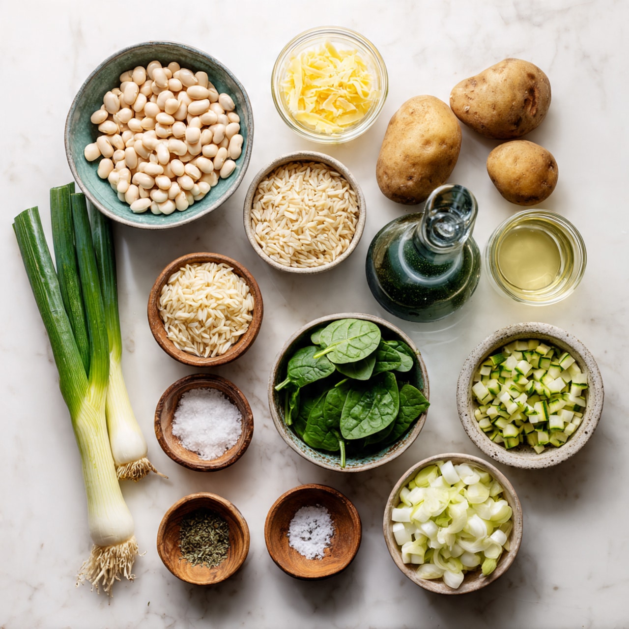The image shows various cooking ingredients arranged neatly on a white marbled surface. There are eleven different piles and bowls: one bowl full of light beige beans, one raw potato with brown skin, one small bowl with light yellow minced garlic, one bowl with light brown rice or orzo, one bowl with finely chopped white onions, one bowl with chopped green zucchini, one bowl filled with bright green fresh spinach leaves, one bowl with sliced green leeks, and three small wooden bowls containing salt, green herbs, and black pepper. There is also a glass bottle and a smaller glass jar both containing a light yellow liquid. Photo taken with an iphone --ar 4:5 --v 7