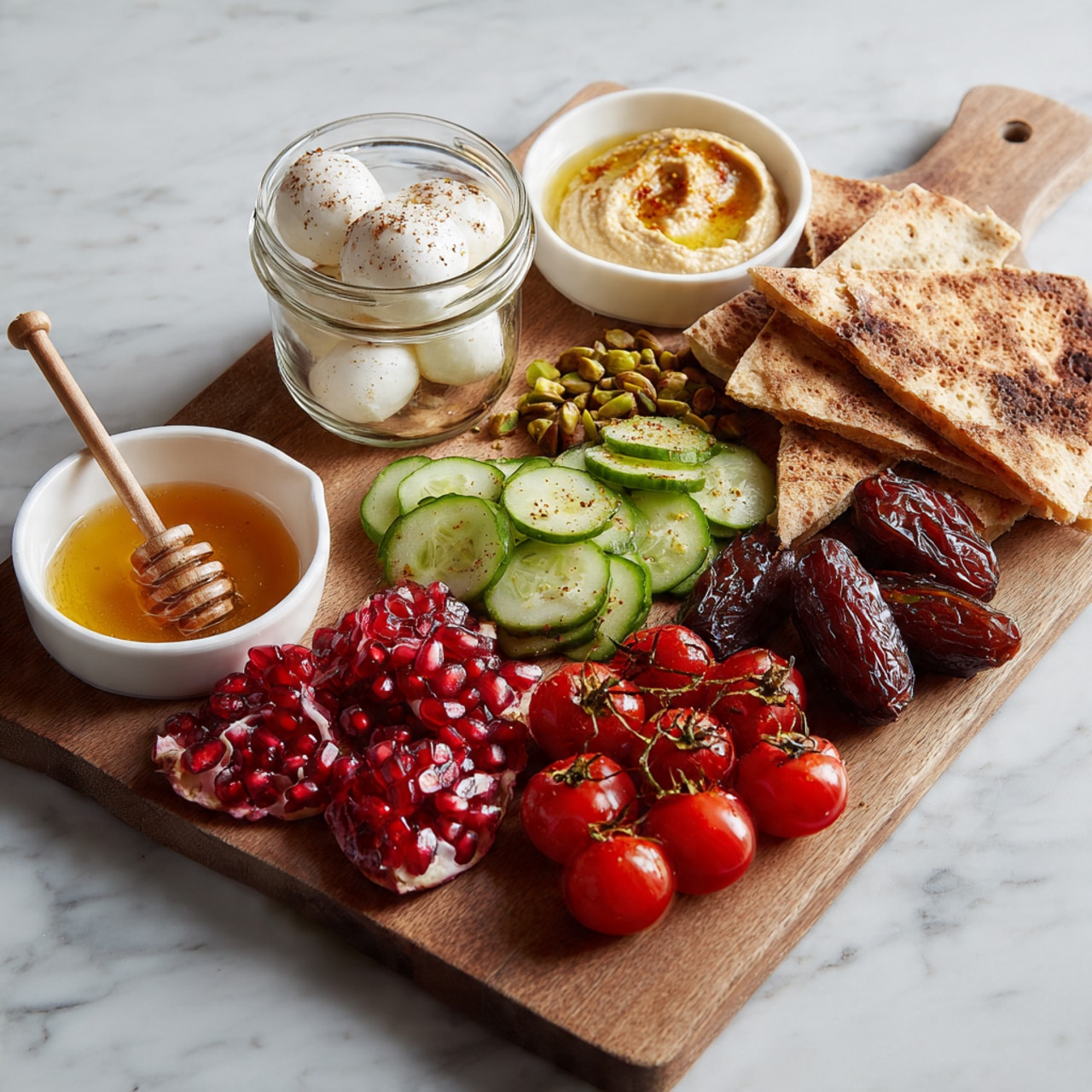 A wooden board holds a colorful spread of foods on a white marbled surface: three clusters of pomegranate seeds and halves with bright red jewel-like seeds sit in front, next to a small pile of tan pistachios. To the right, dark brown dates and a bunch of red cherry tomatoes on the vine rest by triangular pieces of lightly seasoned pita bread stacked loosely. Thinly sliced cucumber rounds form a neat line in the middle, near a small white bowl of creamy white sauce dusted with spices. At the back of the board, a clear jar with balls of white cheese or mozzarella soaking in golden olive oil is placed beside more pita pieces. Off to the left, two small white dishes hold a smooth tan hummus and golden honey with a wooden honey dipper resting inside, the colors bright and the textures clear. photo taken with an iphone --ar 4:5 --v 7