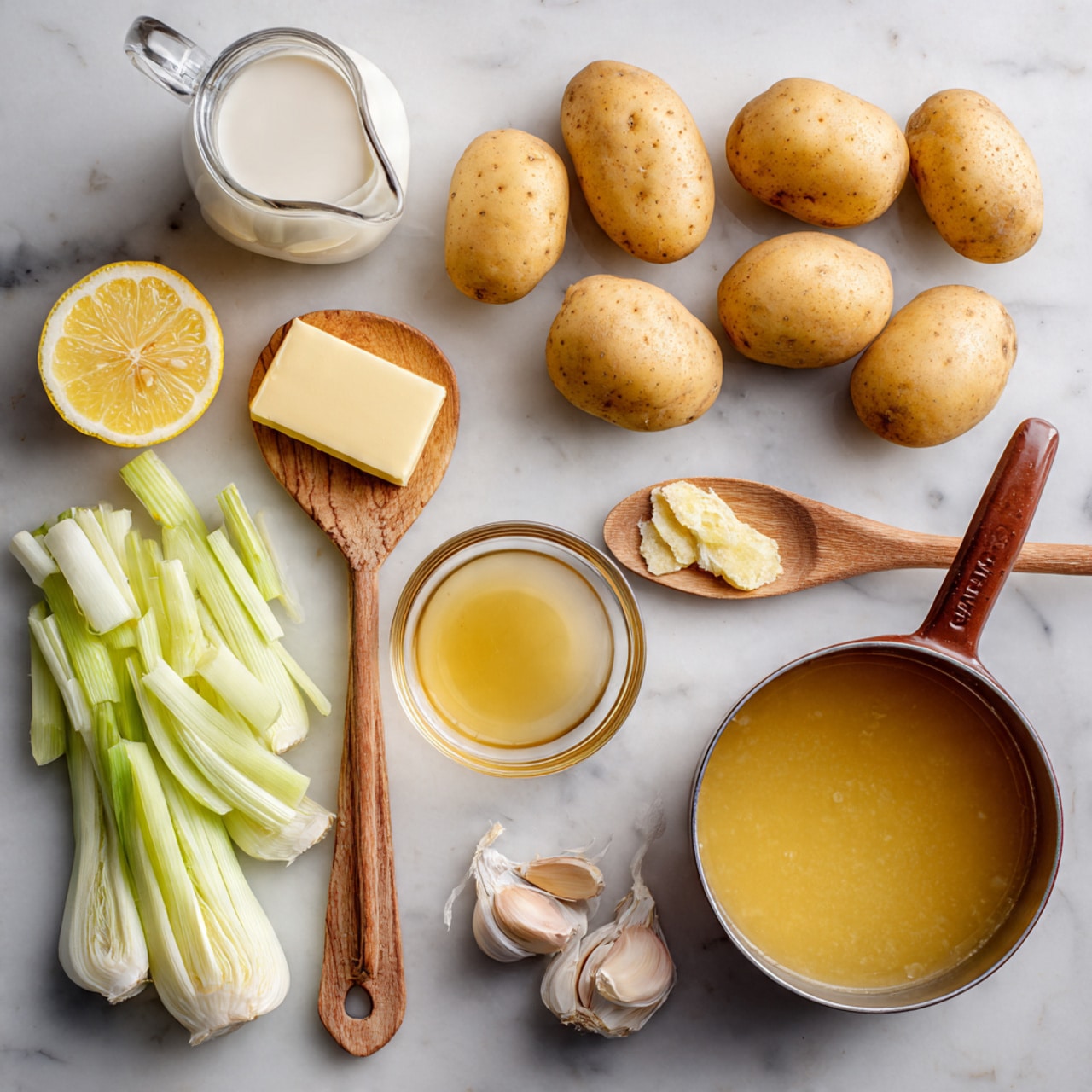 The image shows a white marbled surface with four whole potatoes lined up at the top. Below the potatoes, there is a wooden spoon holding a slice of butter and a small glass jug filled with milk. To the left, chopped light green and white leeks are spread out along with a halved lemon showing its bright yellow flesh. Near the bottom right, a brown saucepan with a wooden spoon is placed. A small glass bowl of golden broth sits near the center, and cloves of garlic are scattered around. The overall arrangement looks clean and ready for cooking. photo taken with an iphone --ar 4:5 --v 7