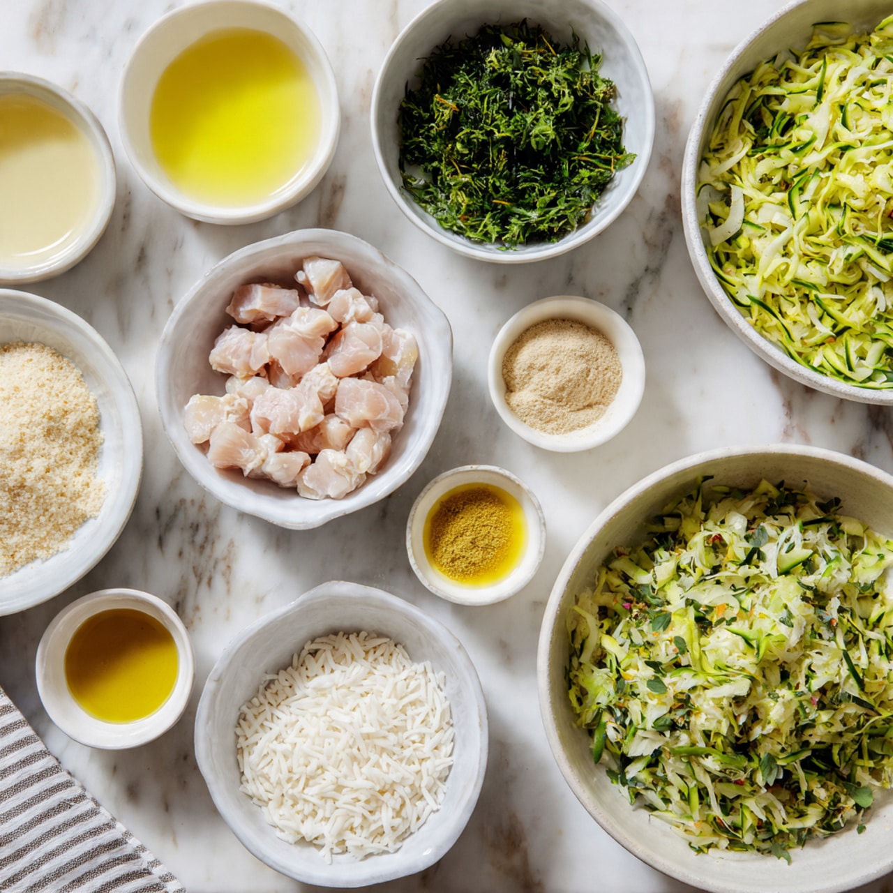 The image shows nine small white bowls arranged on a white marbled surface, each containing different ingredients. From top left, there is a bowl with a pale yellow liquid, next to a bowl of finely chopped leafy green herbs. Below them, there is a bowl filled with pale raw chicken pieces in cubes, surrounded by small bowls with beige and yellow powders, and a bowl of golden yellow oil. On the right side, there are three larger white bowls stacked vertically: the top one with finely shredded green zucchini, the middle one filled with white uncooked rice grains, and the bottom one holding more shredded green zucchini with some leafy herbs mixed in. A striped cloth is in the lower-left corner. Photo taken with an iphone --ar 4:5 --v 7