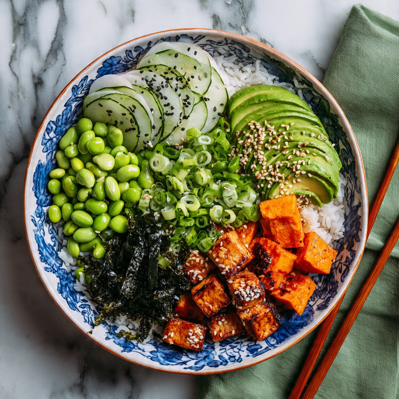 A white bowl with blue and white patterns on the inside holds a colorful layered dish. The base layer is white rice, topped with several neat sections: thin green cucumber slices and thin radish slices in a row, light green avocado slices fanned out next to them, bright green edamame beans piled up, small cubes of orange roasted sweet potatoes, and light brown grilled tofu cubes sprinkled with white sesame seeds. There is also a small pile of dark green seaweed strips. The whole dish is garnished with chopped green onions and both black and white sesame seeds. The bowl sits on a white marbled surface with a green cloth and wooden chopsticks on the side. Photo taken with an iphone --ar 4:5 --v 7
