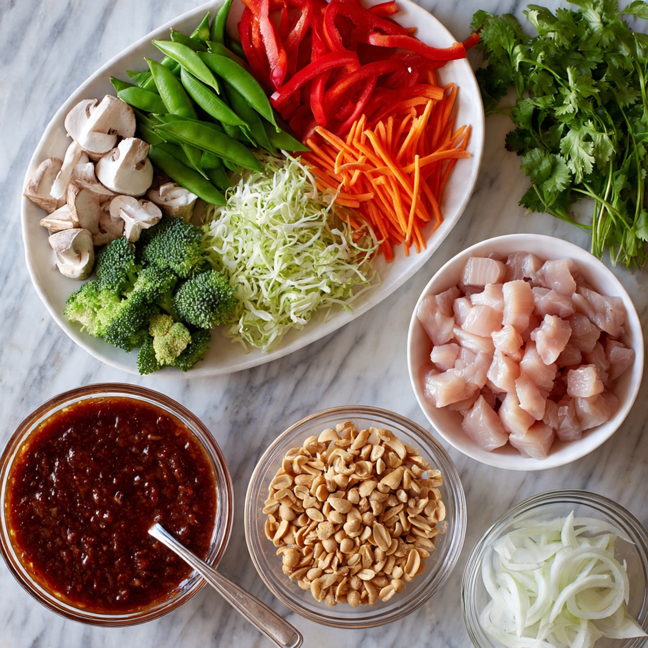 The image shows a variety of ingredients arranged on a white marbled surface. At the center top, there is a white oval plate with six groups of fresh vegetables: bright green snap peas, thin red and orange bell pepper strips, small green broccoli florets, pale white sliced mushrooms, shredded light green cabbage, and thin white onion strips. Below this plate, there is a white bowl filled with raw, light pink diced chicken pieces. To the lower left is a white bowl holding a thick, dark reddish-brown sauce with a spoon in it. On the lower right, two clear glass bowls sit next to each other: one filled with coarse chopped peanuts, and the other holding thin sliced white onions. Fresh green coriander leaves are placed on the top right area of the surface. Photo taken with an iphone --ar 4:5 --v 7