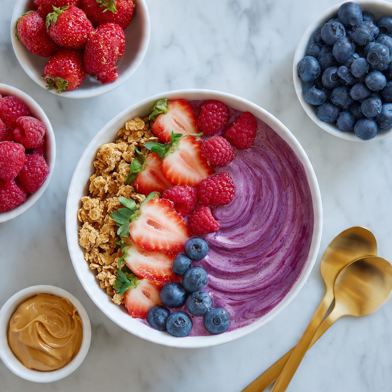 A white bowl filled with a purple smoothie base swirled smoothly in the center, topped with four neat sections around the edges: granola with light brown clusters, strawberries sliced in half showing bright red color and green leaves, fresh blueberries deep blue and shiny, and raspberries bright red with a soft texture. A dollop of peanut butter in a smooth light brown color is placed next to the granola. The bowl sits on a white marbled surface, surrounded by small white bowls filled with strawberries, raspberries, and blueberries, and two gold spoons placed on the right side. Photo taken with an iphone --ar 4:5 --v 7