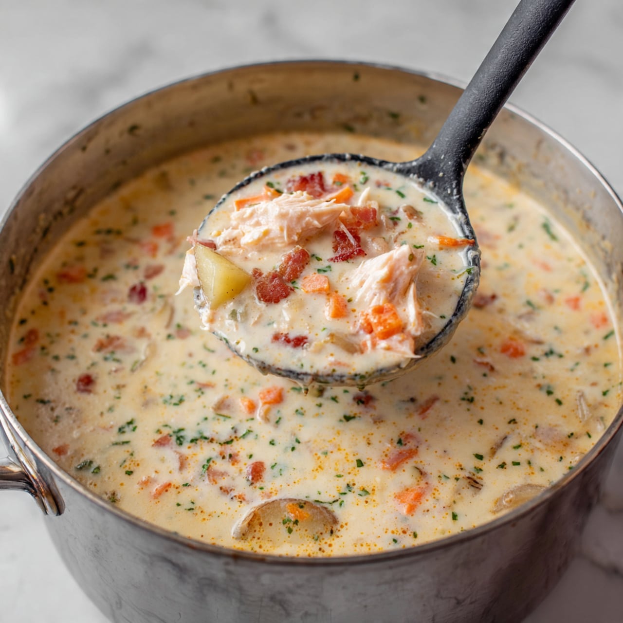 A large metal pot filled with creamy soup that has a thick white base mixed with small pieces of orange carrot, light brown potato chunks, bits of green herbs, and small red cubes that look like bacon or ham. The soup has thick, pale pink pieces of fish or meat. A black ladle is lifting some soup above the pot, showing the layers of ingredients clearly. The pot is set on a white marbled surface photo taken with an iphone --ar 4:5 --v 7