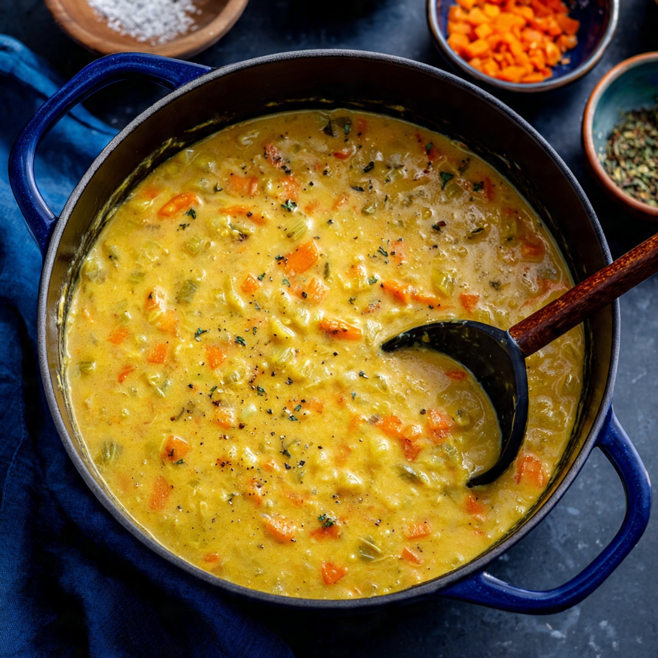 A thick yellow soup with visible orange carrot pieces and green celery chunks mixed throughout is shown in a deep blue pot. The soup has a creamy texture with small bits of other vegetables, and a black spoon with a wooden handle is partially dipped into it. The soup looks warm and hearty, filling the pot almost to the top, all set on a dark surface with small bowls of other ingredients nearby. photo taken with an iphone --ar 4:5 --v 7