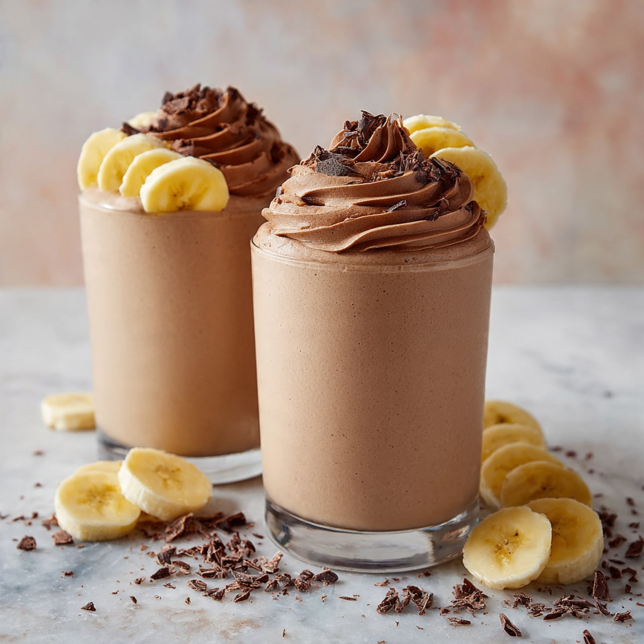 The image shows two clear glasses filled with a creamy light brown smoothie. On top of the smoothie in each glass, there is a thick swirl of chocolate cream forming a smooth top layer. Each glass is decorated with a row of sliced banana pieces on one side and small dark chocolate shavings sprinkled over the cream next to the bananas. Around the glasses, more banana slices and chocolate shavings are scattered on a white marbled surface. The background shows soft blurred light colors, giving a warm and cozy feel. photo taken with an iphone --ar 4:5 --v 7